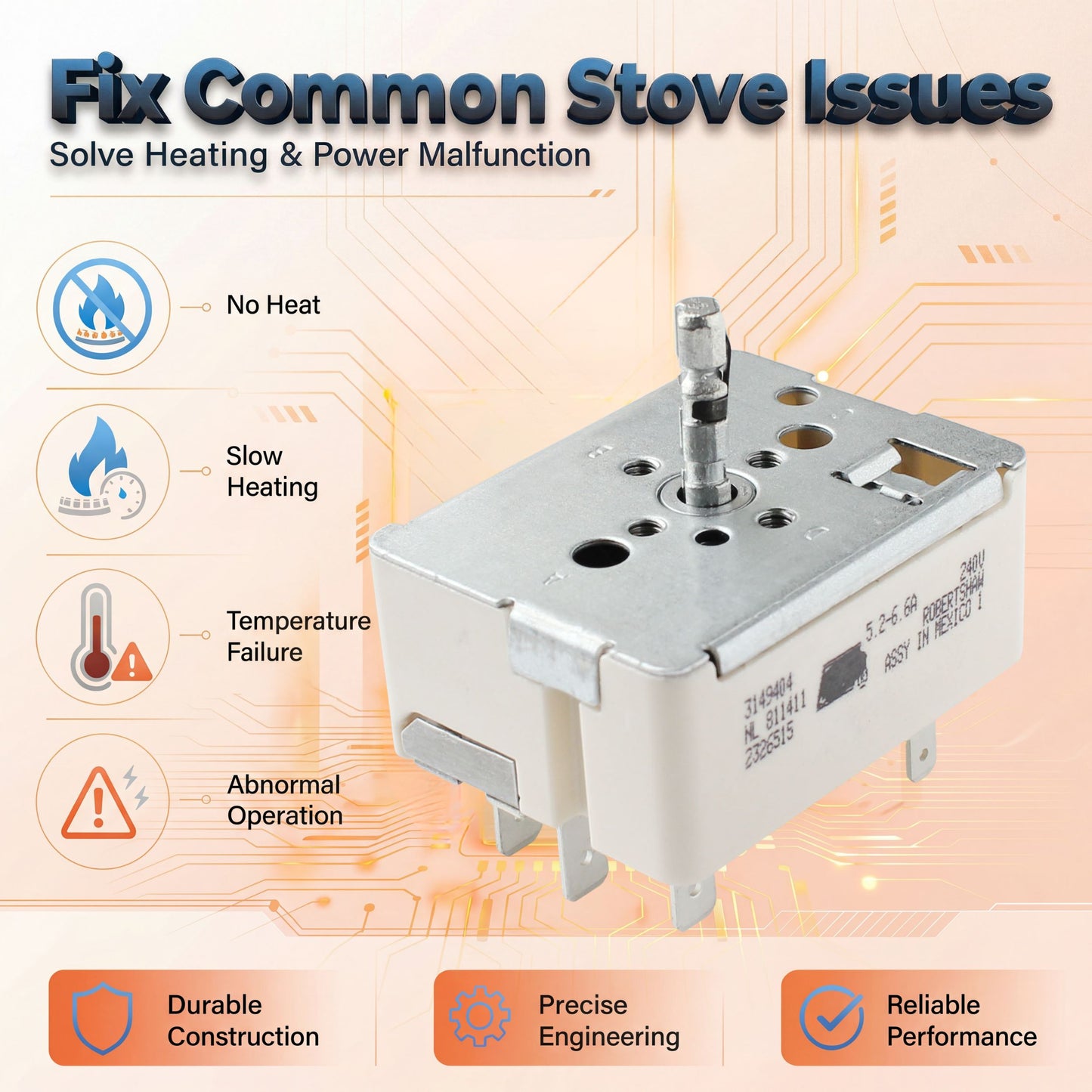 3149404 Surface Burner Infinite Switch 240V 5.2–6.6A Replacement for Whirlpool WP3149404, Replaces 3148951, 311847, 314144, Compatible with Whirlpool Maytag Amana Kenmore Range Stove