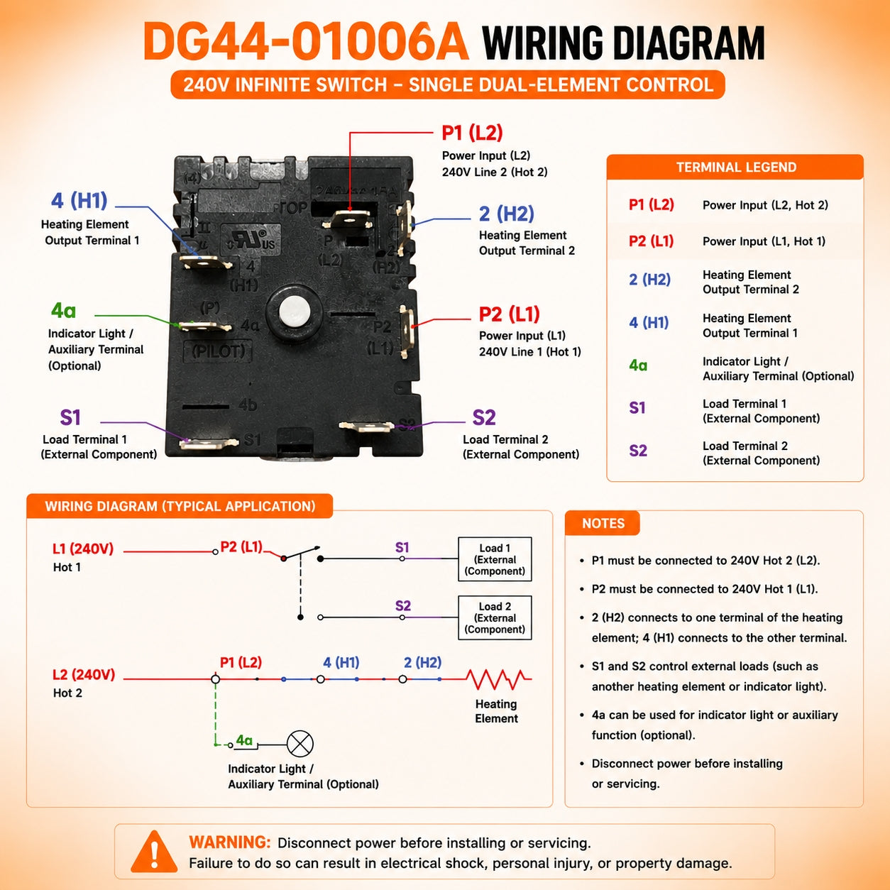 DG44-01006A Range Dual Surface Element Switch Replacement for Samsung NE58F9500SS, NE58F9710WS, NE58H9950WS, replaces 3282716, AP5800762, PS8764900, EAP8764900