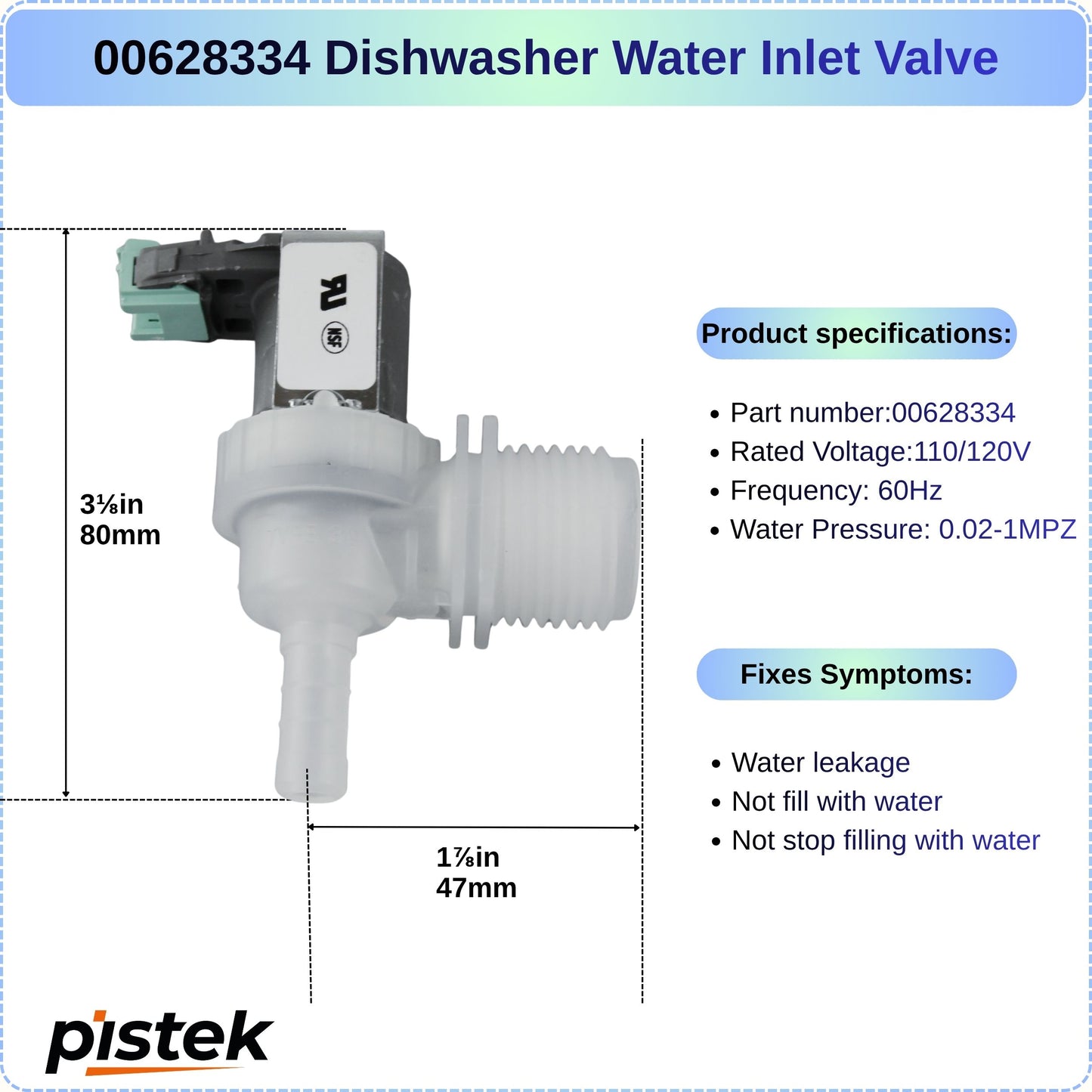 Dishwasher Fill Valve Assembly for Bosch SHP & SHPM Series, Fits SHP65T55UC SHP68TL5UC SHP865WF5N SHPM65W55N SHPM78W56N SHPM98W75N, Replaces 00628334 628334 10023852 3278459