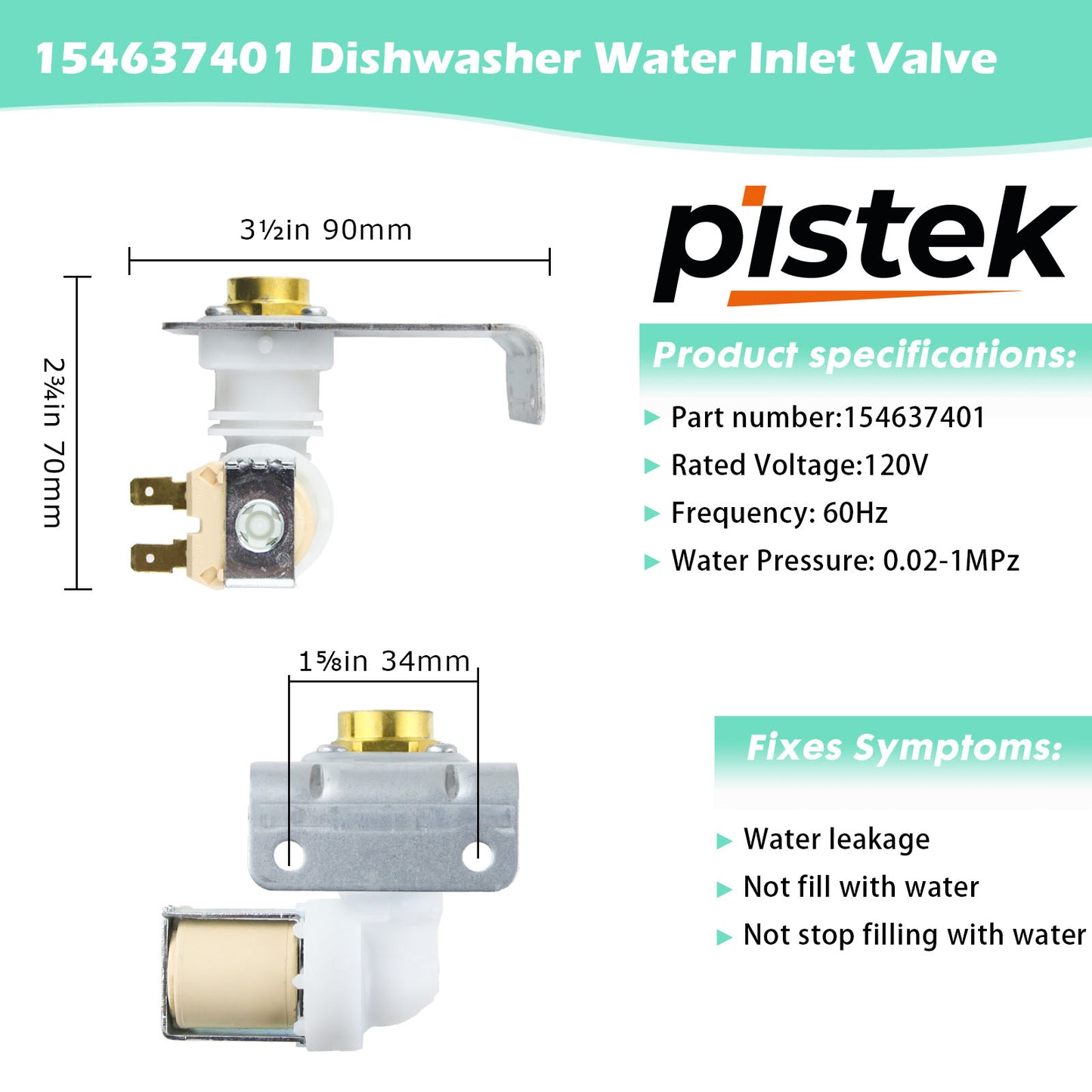 154637401 Dishwasher Water Valve For Frigidaire AH1990907, EA1990907, AP4321824, PS1990907