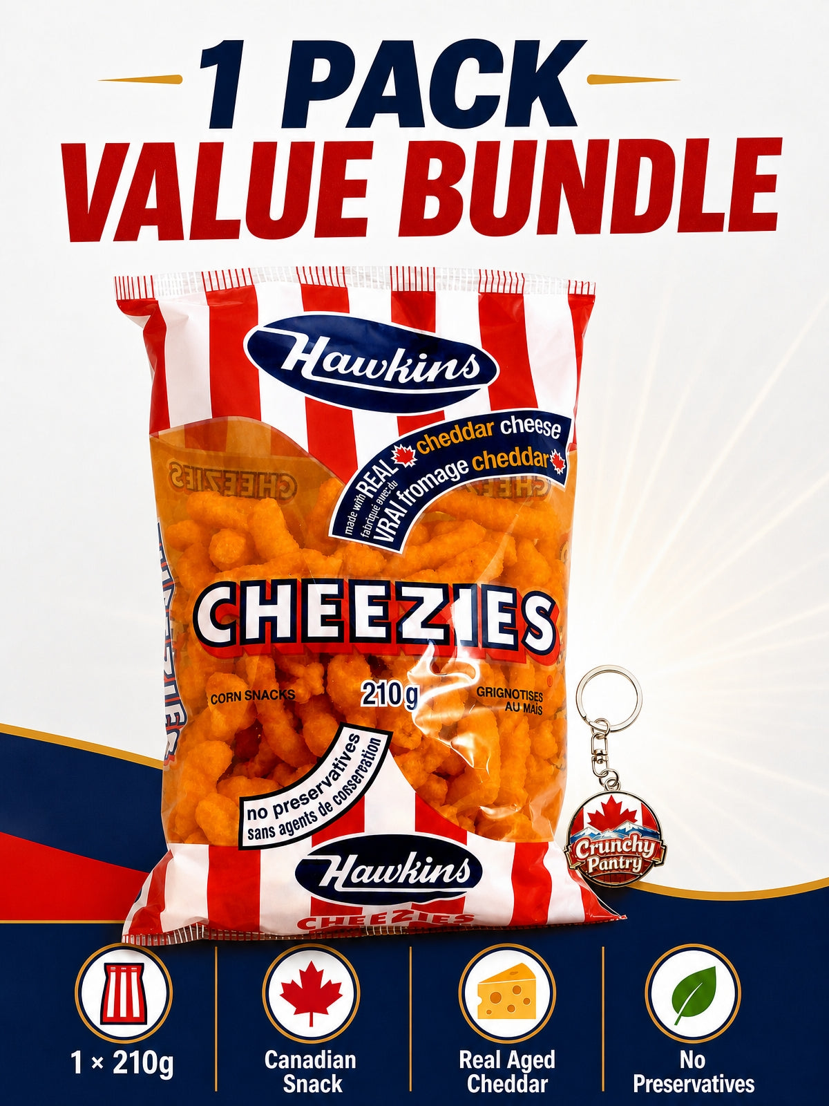 Canadian Cheese Corn Snacks 210g with Canadian Souvenir Keychain.Made with real aged cheddar cheese and quality ingredients. No preservatives for authentic cheese curls flavor in every bite