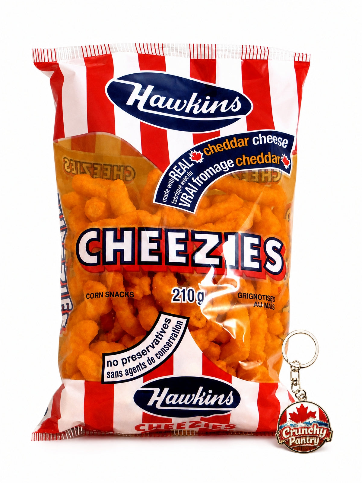 Canadian Cheese Corn Snacks 210g with Canadian Souvenir Keychain.Made with real aged cheddar cheese and quality ingredients. No preservatives for authentic cheese curls flavor in every bite