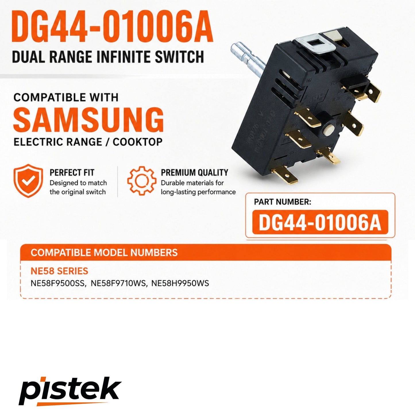 DG44-01006A Range Dual Surface Element Switch Replacement for Samsung NE58F9500SS, NE58F9710WS, NE58H9950WS, replaces 3282716, AP5800762, PS8764900, EAP8764900