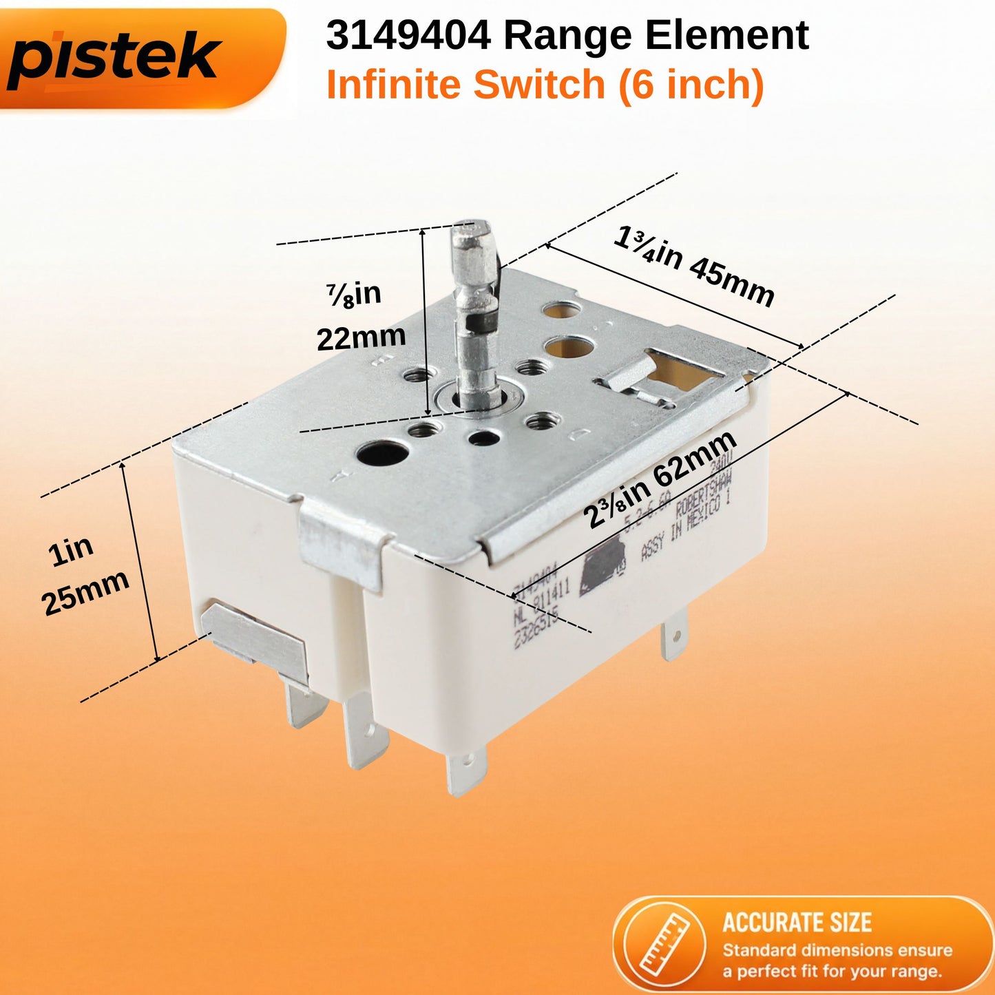 3149404 Surface Burner Infinite Switch 240V 5.2–6.6A Replacement for Whirlpool WP3149404, Replaces 3148951, 311847, 314144, Compatible with Whirlpool Maytag Amana Kenmore Range Stove
