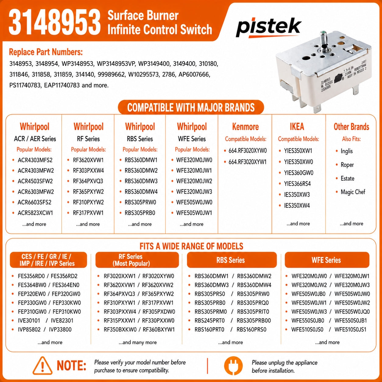 Surface Element Control Switch 3148953 240V 2100W 8 Inch Burner Infinite Switch Replacement for Whirlpool Kenmore Maytag KitchenAid Amana Stove Range Parts WP3148953 AP6007666 PS11740783