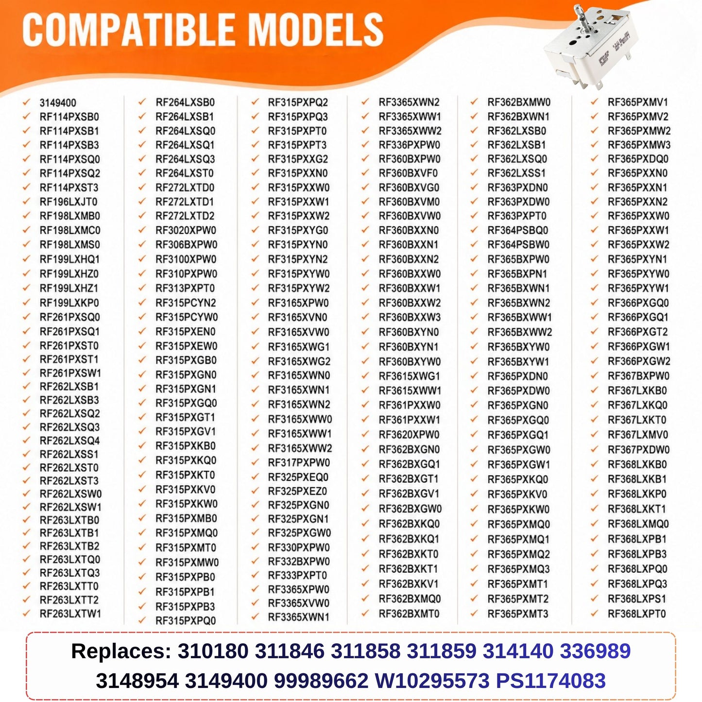 Range Surface Element Control Switch Compatible with Whirlpool RF315PXKW0 RF365PXKW0 RF375PXEW0 RF386PXGB1 RF388LXKB0 Electric Range, Replaces 3149400 WP3149400VP