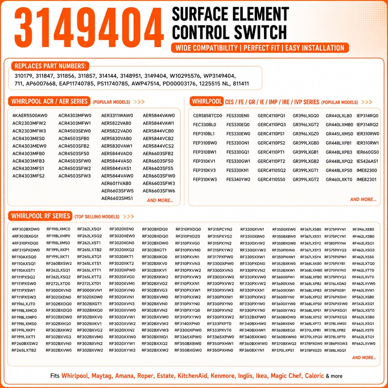 3149404 Surface Burner Infinite Switch 240V 5.2–6.6A Replacement for Whirlpool WP3149404, Replaces 3148951, 311847, 314144, Compatible with Whirlpool Maytag Amana Kenmore Range Stove