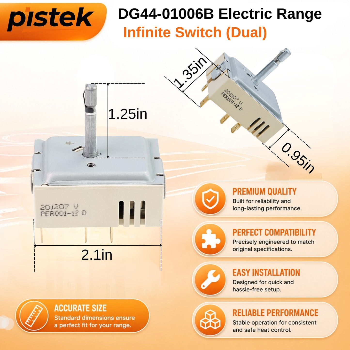 DG44-01006B PER001-12 D Range Dual Surface Element Switch Compatible with Samsung NE59J7850WG, NE58K9850WS, NE59M4310SB, NE59M4310SW.Replacement PER001-12 D, AP6037530, PS11771631, EAP11771631, PD00035203