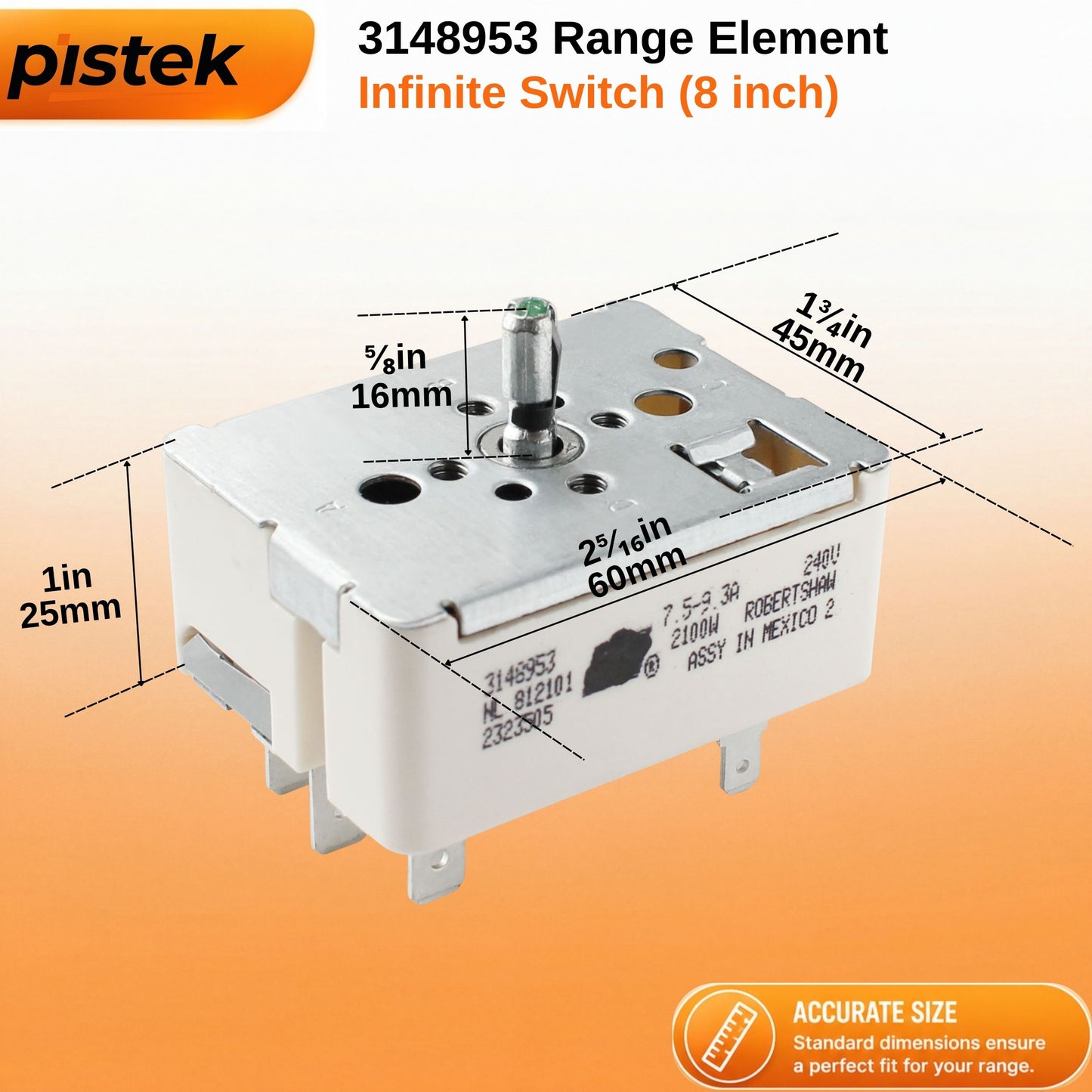 Whirlpool TER TES WERP Series Stove Burner Switch 3148953 Replacement Infinite Heat Control Switch for TES355 TER46 WERP3100 WERP4110 Electric Range Models WP3148953