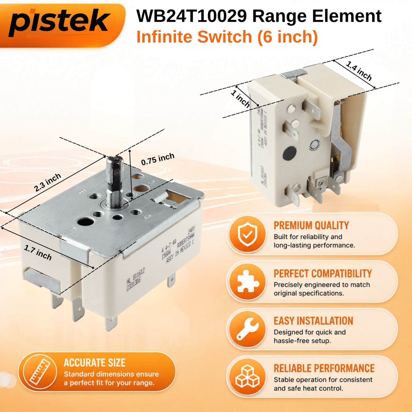 GE JB Series Range Burner Control Switch Replacement WB24T10029, 6 Inch Small Surface Element Infinite Heat Switch, Replaces AP2024076 EA236754 PS236754 AH236754