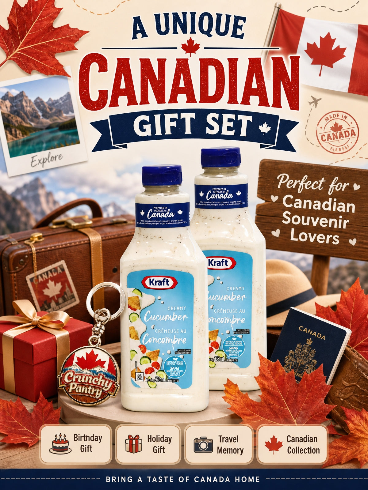 Kraft Creamy Cucumber Salad Dressing 14.4 oz 2 Pack with Canadian Keychain.Made with real cucumber juice and a creamy blend, it delivers a smooth, refreshing taste with no artificial flavors or colors