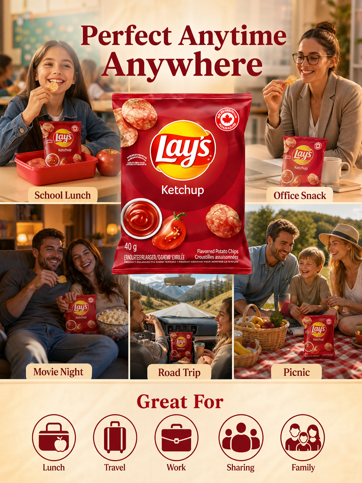 Lay's Ketchup Flavored Potato Chips,1.4 Ounce (Pack of 20) .Tomato flavor potato chips snack packs, perfect snacks for lunch, travel, office, and parties, Easy to carry and store