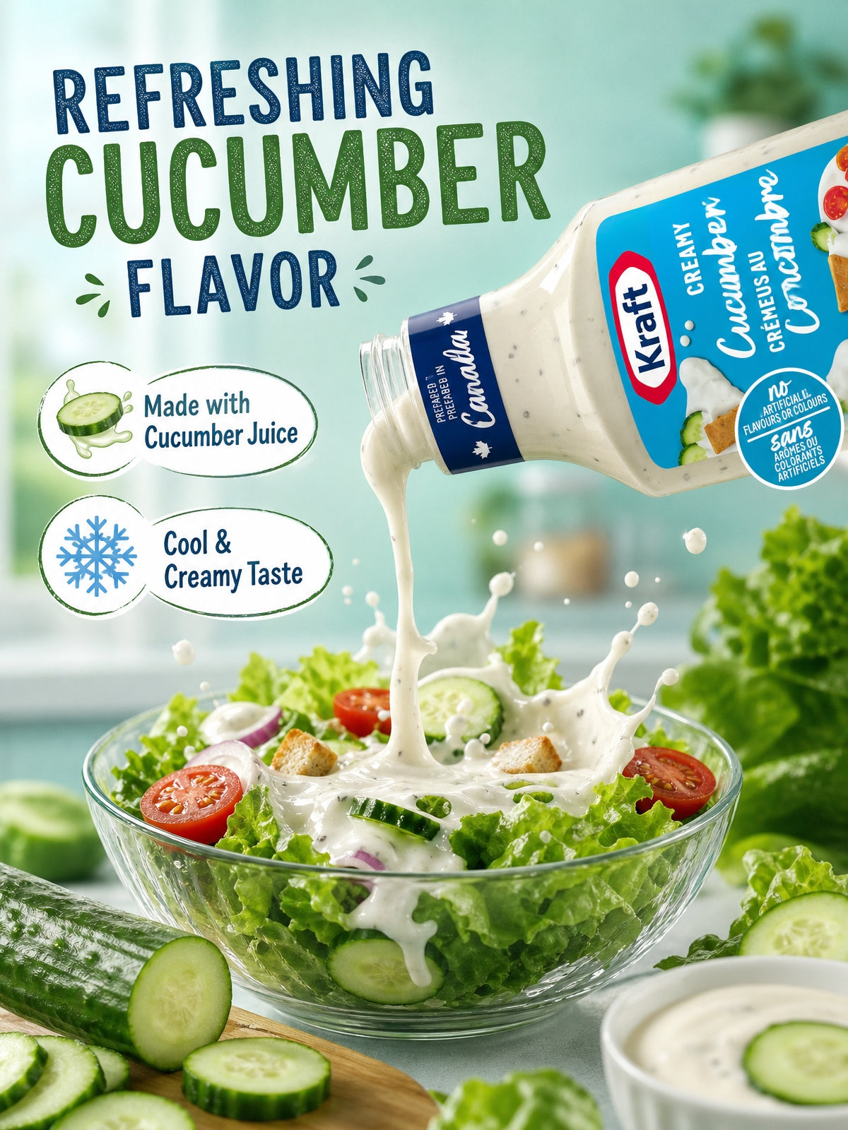 Kraft Creamy Cucumber Salad Dressing 14.4 oz 2 Pack with Canadian Keychain.Made with real cucumber juice and a creamy blend, it delivers a smooth, refreshing taste with no artificial flavors or colors