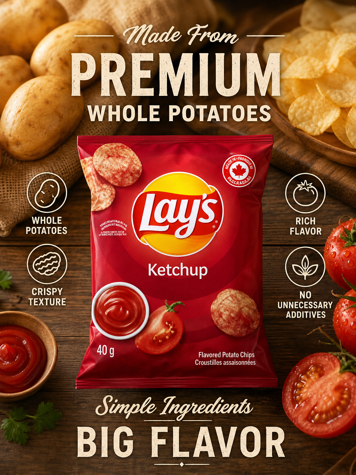 Lay's Ketchup Flavored Potato Chips,1.4 Ounce (Pack of 20) .Tomato flavor potato chips snack packs, perfect snacks for lunch, travel, office, and parties, Easy to carry and store