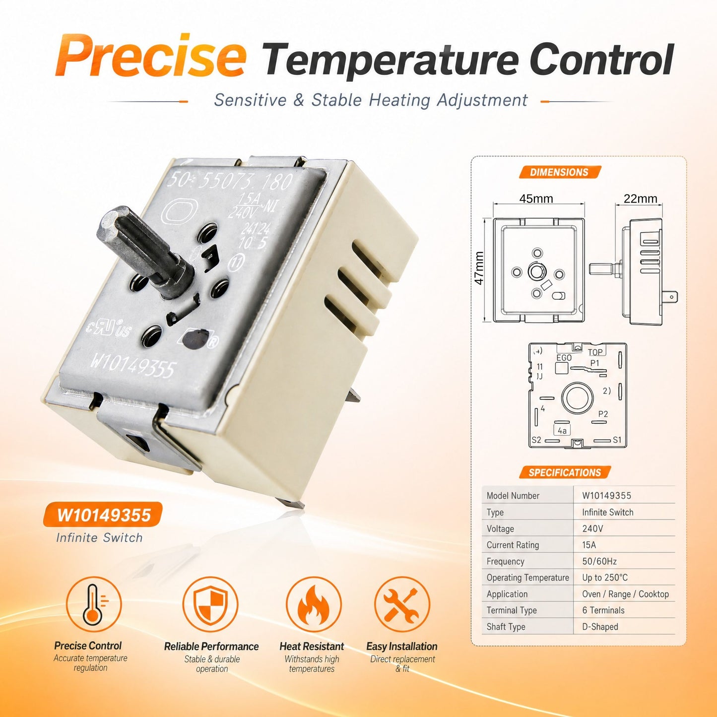 Inglis Range Burner Control Switch W10149355-OEM level-Infinite Surface Element Replacement for Models IVE82300, IVE82301, IVP85800-Compatible with WPW10149355, AP6015787, PS11749068