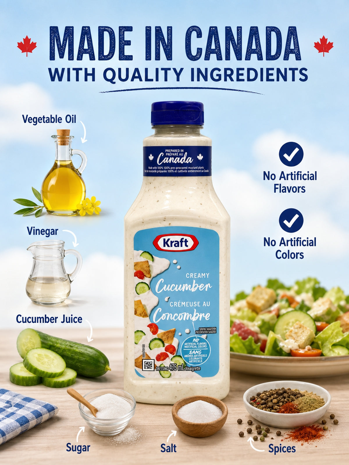 Kraft Creamy Cucumber Salad Dressing 14.4 oz 2 Pack with Canadian Keychain.Made with real cucumber juice and a creamy blend, it delivers a smooth, refreshing taste with no artificial flavors or colors