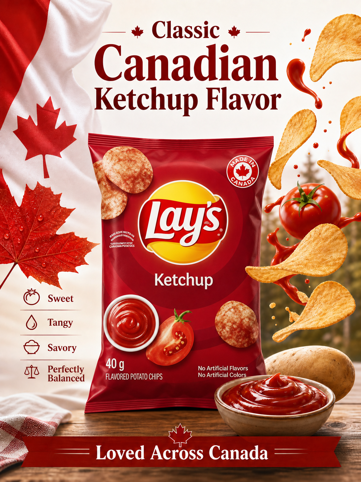 Lay's Ketchup Flavored Potato Chips,1.4 Ounce (Pack of 20) .Tomato flavor potato chips snack packs, perfect snacks for lunch, travel, office, and parties, Easy to carry and store