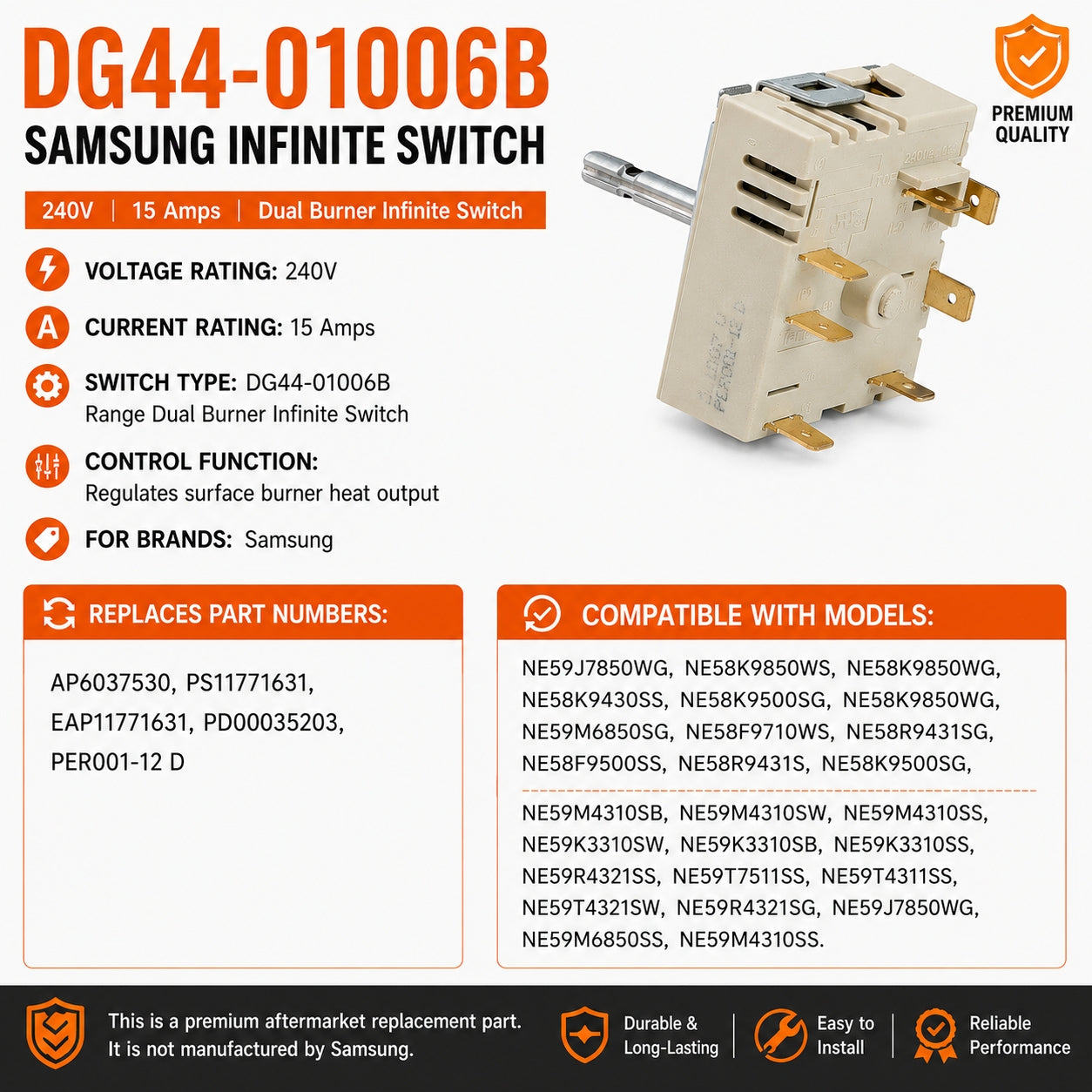 DG44-01006B PER001-12 D Range Dual Surface Element Switch Compatible with Samsung NE59J7850WG, NE58K9850WS, NE59M4310SB, NE59M4310SW.Replacement PER001-12 D, AP6037530, PS11771631, EAP11771631, PD00035203