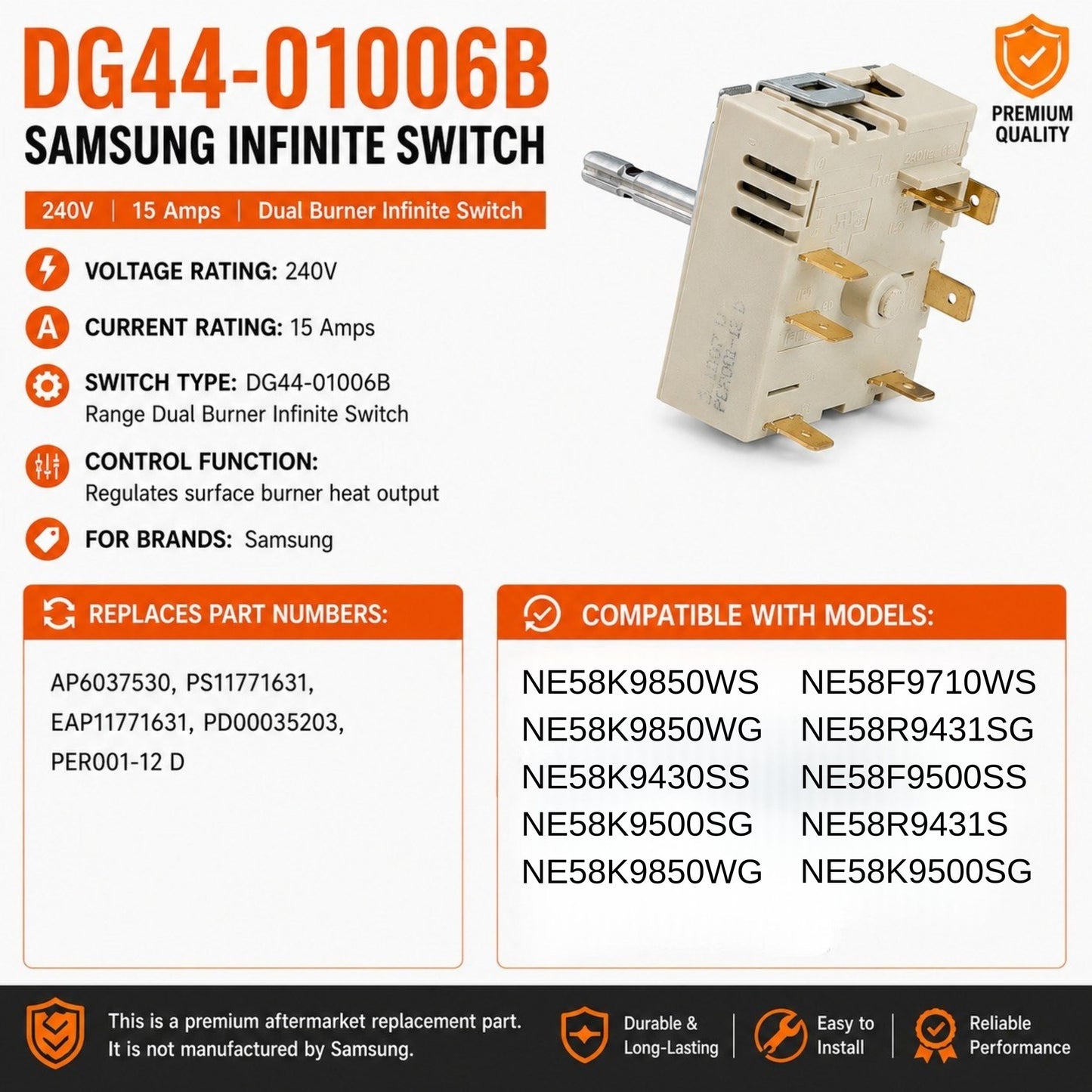 NE59J7850WG, NE58K9850WS DG44-01006B PER001-12 D Range Dual Surface Element Switch Fit for Samsung Electric Range NE58K9850WG, NE58K9430SS, NE58K9500SG, NE58K9850WG, NE58F9710WS, NE58R9431SG, NE58F9500SS, NE58R9431S, NE58K9500SG