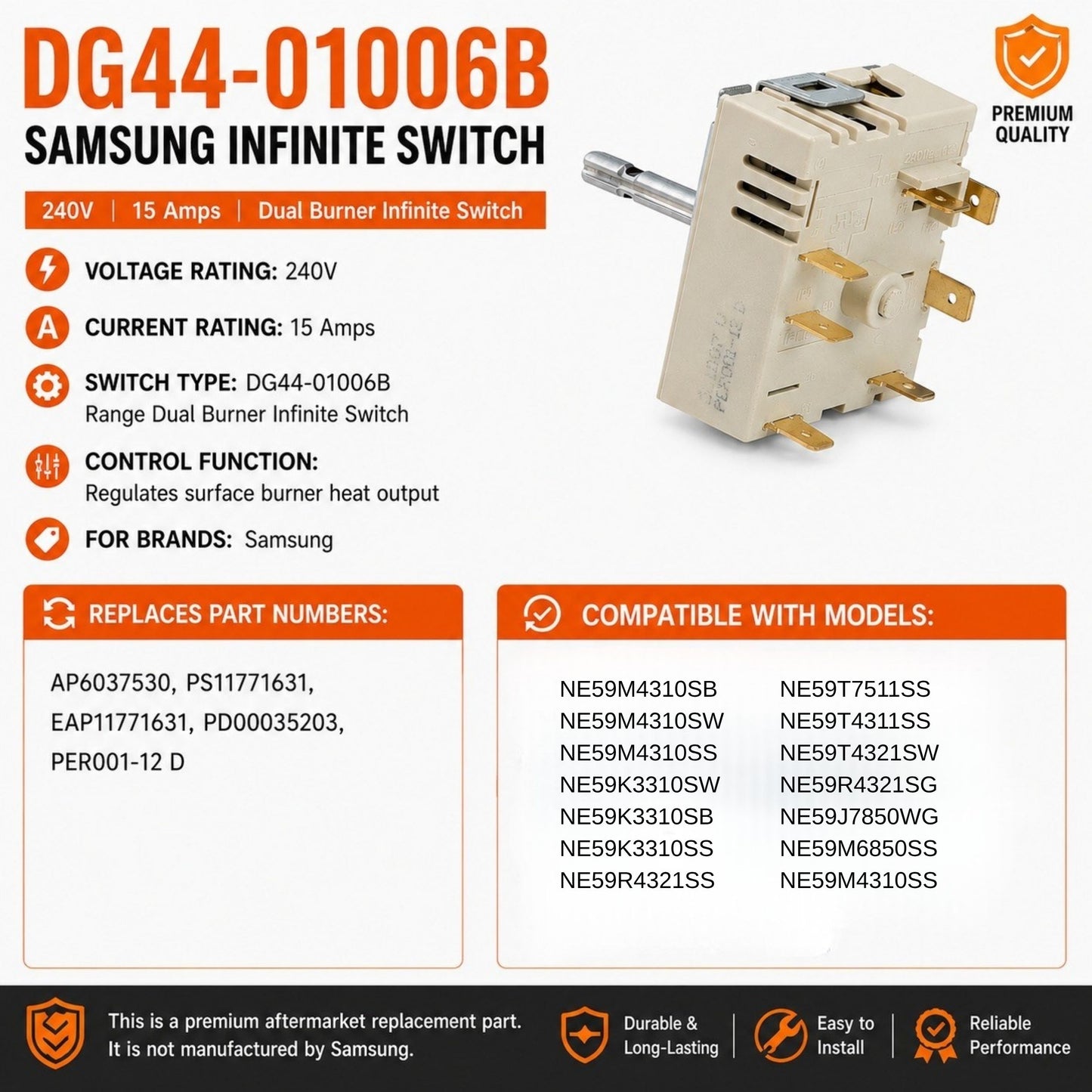 Range Surface Element Control Switch DG44-01006B Fit for Samsung Electric Range PER001-12 D Fits Model NE59M4310SB, NE59M4310SW, NE59M4310SS, NE59M6850SS, NE59M4310SS
