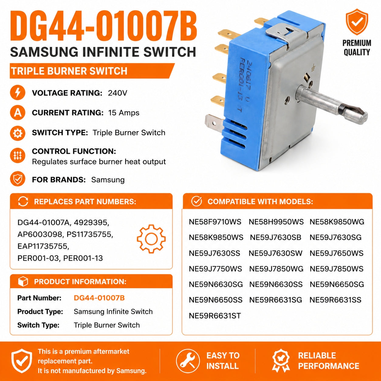 Triple Burner Switch DG44-01007B DG44-01007A PER001-13 Compatible with Samsung Range NE58，NE59，NE59J, NE59N, NE59R series.Replaces 4929395, AP6003098, PS11735755, EAP11735755 Regulator for Precise Temperature Control
