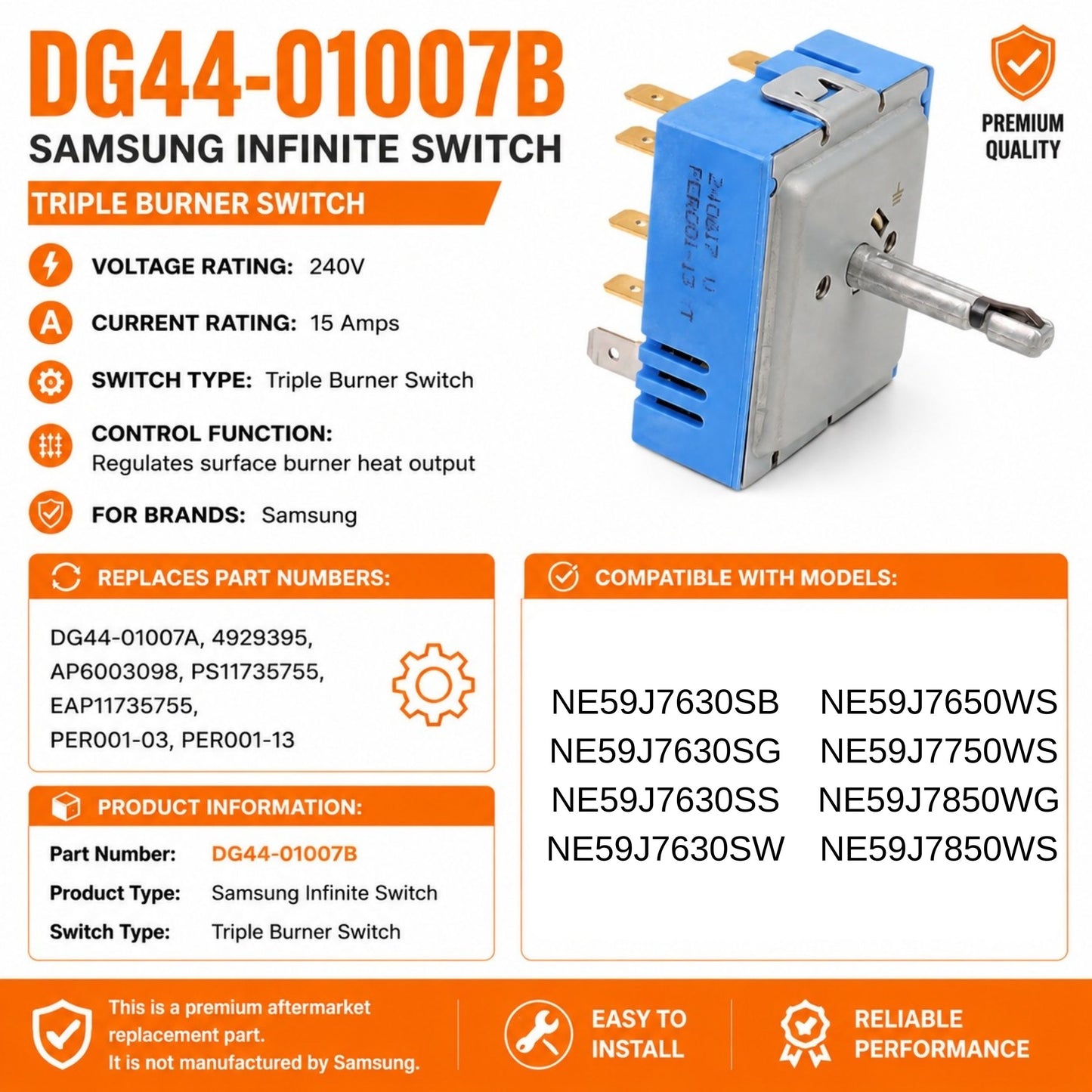 DG44-01007B Triple Burner Infinite Switch Replacement for Samsung Range, Replaces DG44-01007A, Fits NE59J7630SB, NE59J7630SG, NE59J7630SS, NE59J7630SW, NE59J7650WS, NE59J7750WS, NE59J7850WG, NE59J7850WS, 240V 15A Surface Element Control Switch
