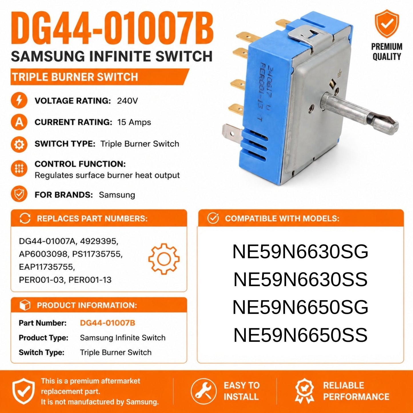 Surface Element Control Switch DG44-01007B Triple Burner for Samsung Electric Range, Replaces DG44-01007A 4929395 AP6003098, Compatible with NE59N6630SG, NE59N6630SS, NE59N6650SG, NE59N6650SS Models