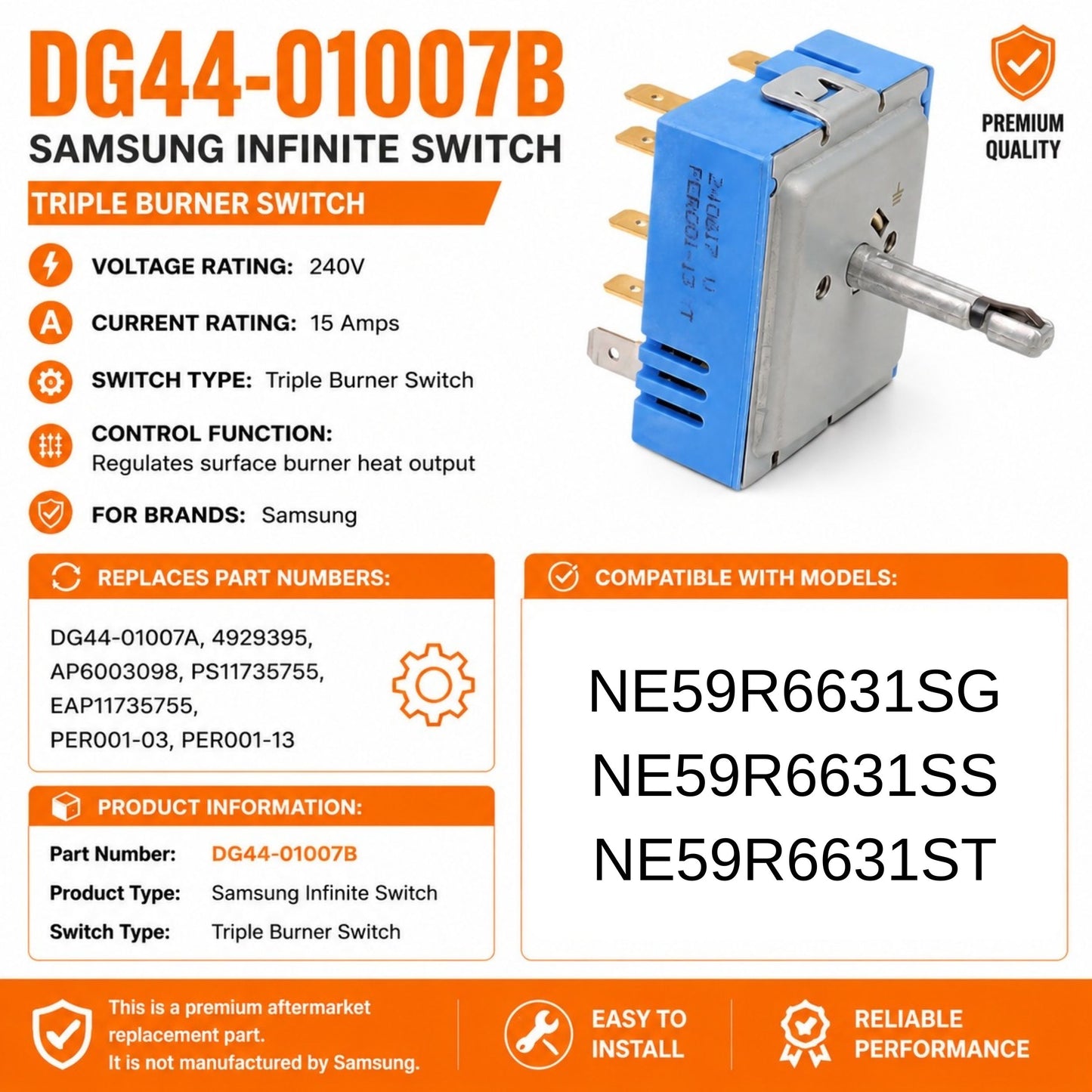 DG44-01007B Triple Burner Infinite Switch Replacement for Samsung Range, Replaces DG44-01007A, Fits NE59R6631SG,NE59R6631SS,NE59R6631ST, 240V 15A Surface Element Control Switch