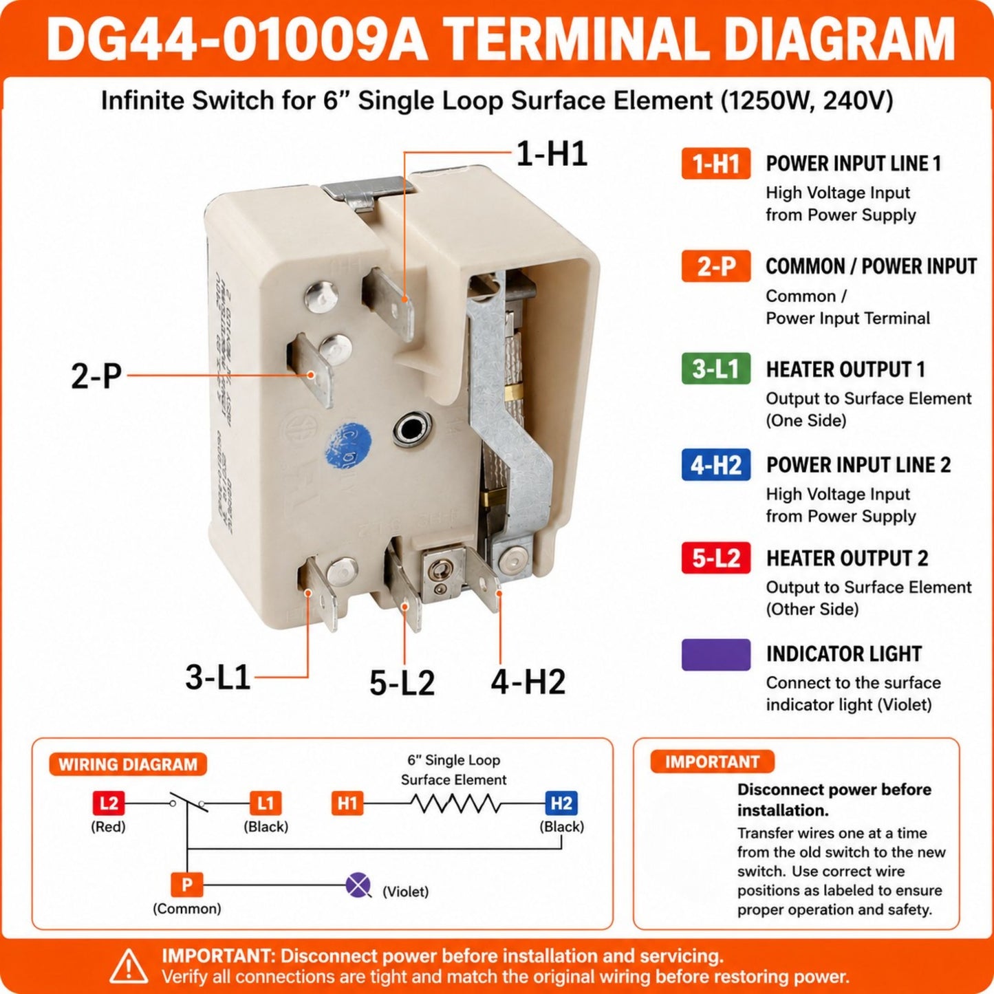 Replacement Surface Element Switch for Samsung NE59J7630SS NE59J7750WS NE59M4320SS NE59N6650SS NE59R4321SS NE59T7511SS Electric Range, DG44-01009A Infinite Burner Control Switch, Replaces PS4240807