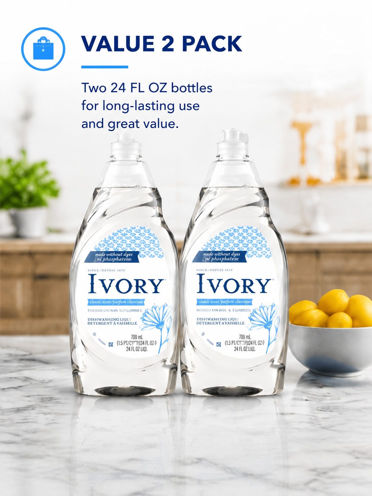 Crunchy Pantry Ivory Dish Soap,Classic Scent,24 fl oz 2 Pack. Dishwashing Liquid is gentle on hands yet tough on grease, deep cleans dishes, pots/pans, versatile kitchen use