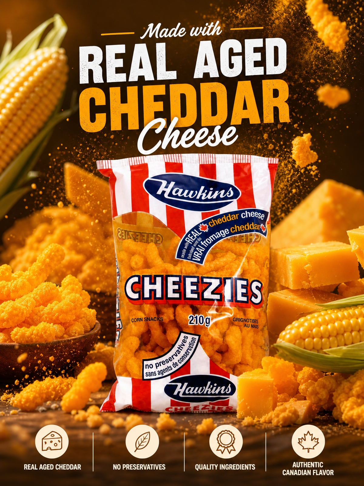 Canadian Cheese Corn Snacks 210g with Canadian Souvenir Keychain.Made with real aged cheddar cheese and quality ingredients. No preservatives for authentic cheese curls flavor in every bite