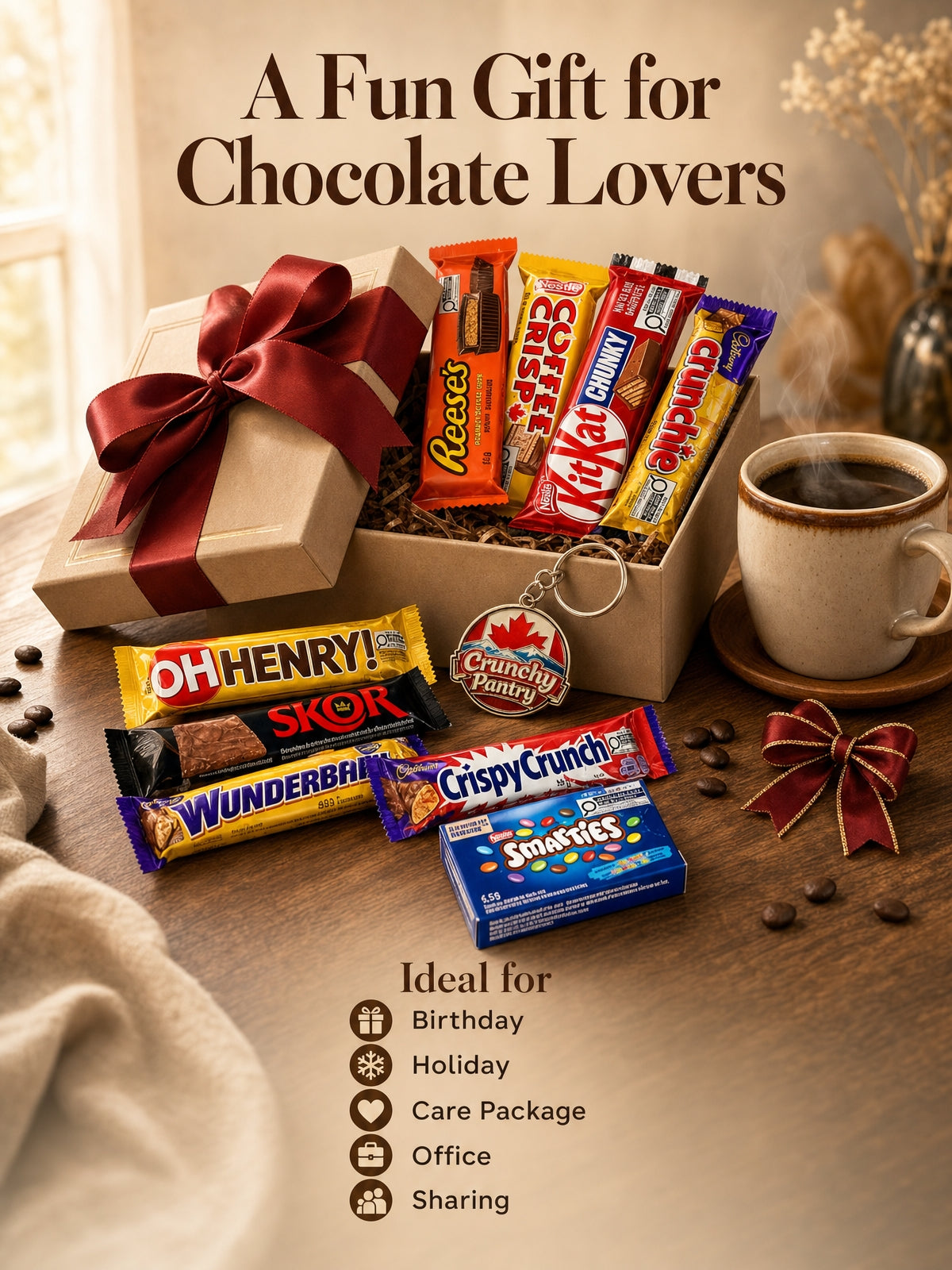 Chocolate Bar Assortment Gift Box, 10 Count, 16.54oz Variety pack.Milk chocolate gift box with a crispy crunchy assortment. Perfect for sharing, gifting, office snacks, and sweet cravings