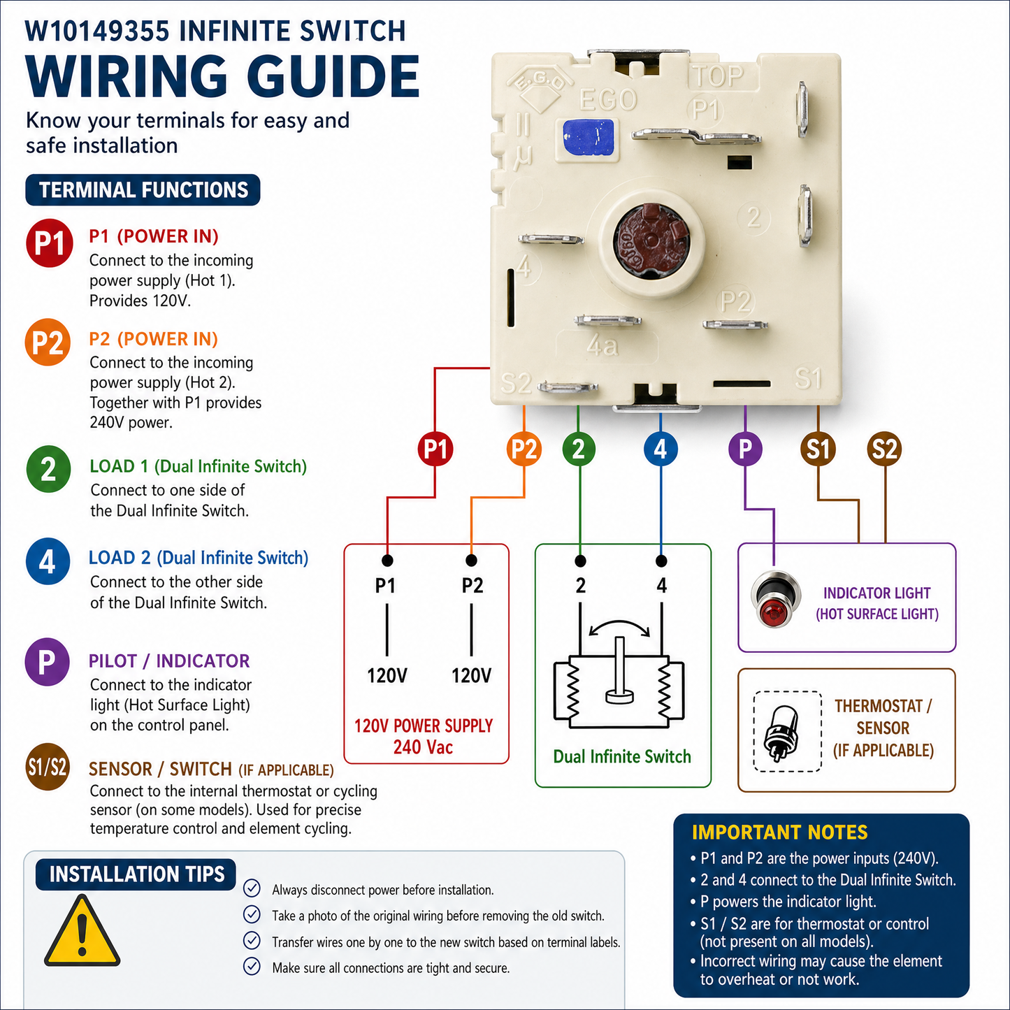 Inglis Range Burner Control Switch W10149355-OEM level-Infinite Surface Element Replacement for Models IVE82300, IVE82301, IVP85800-Compatible with WPW10149355, AP6015787, PS11749068