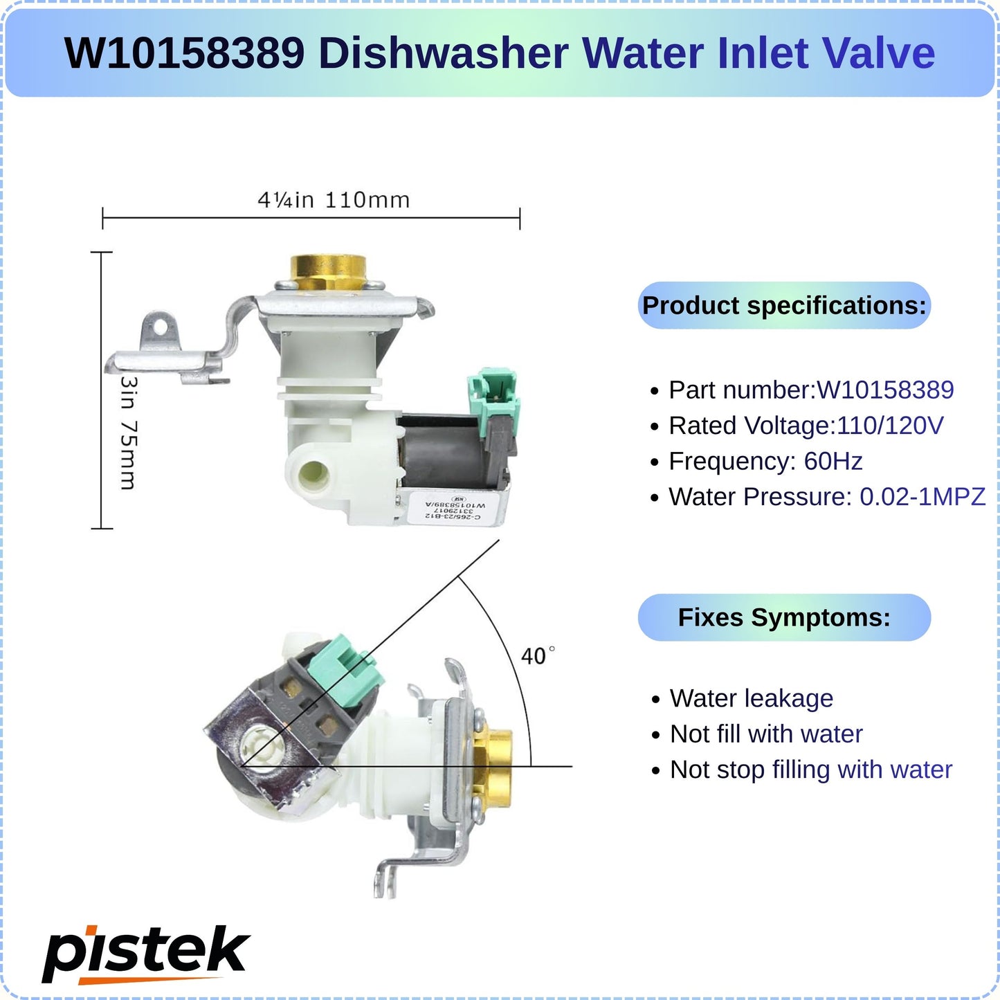 Compatible Dishwasher Water Inlet Valve W10158389 for JennAir LG IKEA Estate Roper Inglis, Replaces AP4369607 W10158387 WPW10158389VP 8558986 8563407 PS2348011