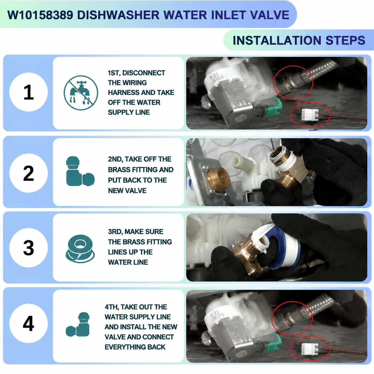 Compatible Dishwasher Water Inlet Valve W10158389 for JennAir LG IKEA Estate Roper Inglis, Replaces AP4369607 W10158387 WPW10158389VP 8558986 8563407 PS2348011