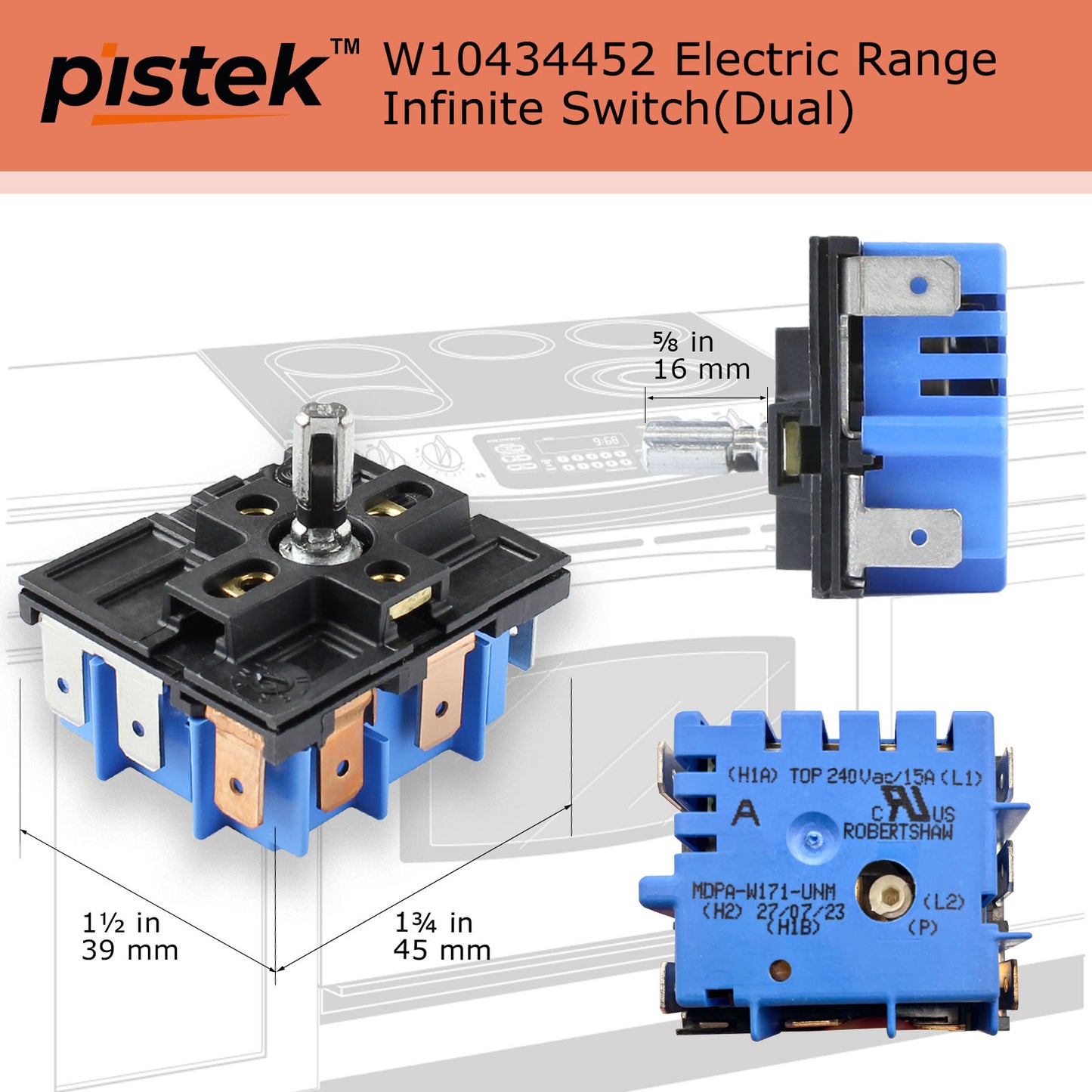 W10434452 Energy Regulator WPW10434452, MDPA-W171-WPM, MDPA-W171-UNM, PS11754687 for Whirlpool Maytag Range Oven Infinite Switch