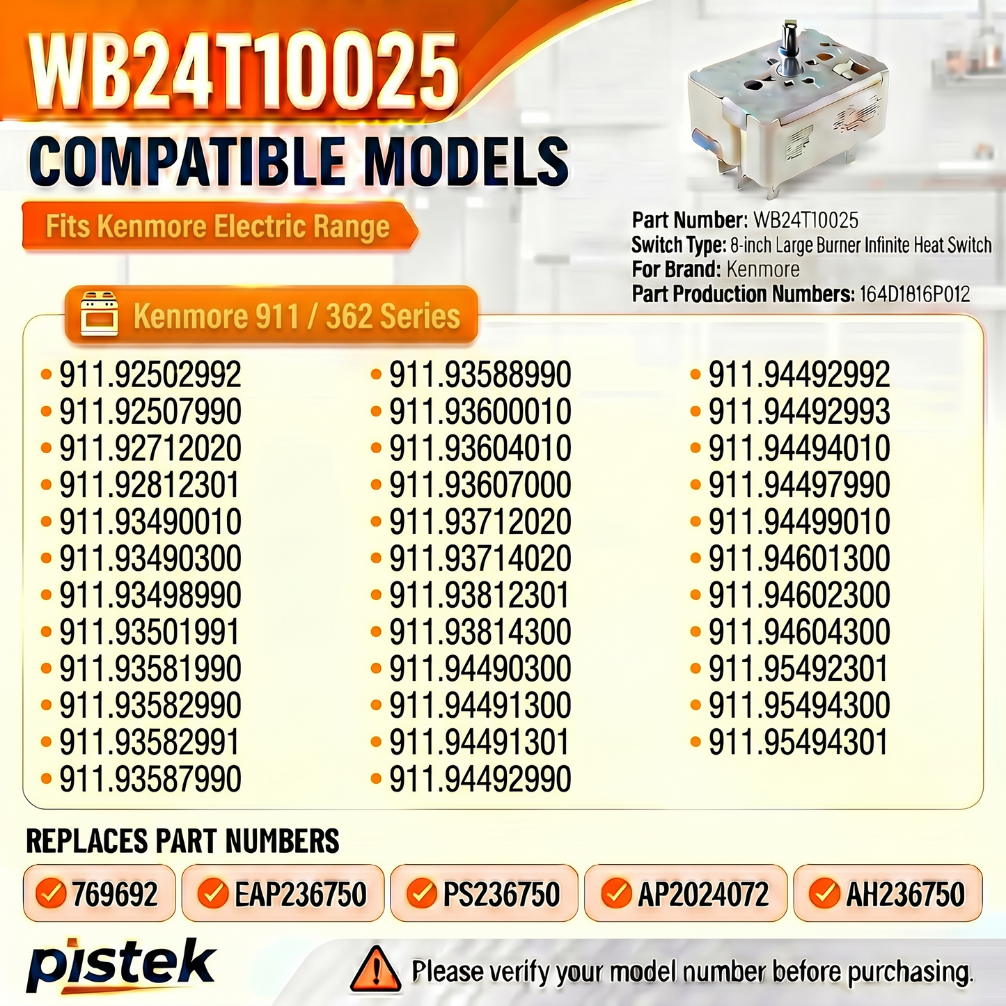 Electric Range Large Burner Switch WB24T10025 Replaces AP2024072 PS236750 – Surface Element Temperature Control，Compatible with 911.93812301 911.93581990 911.92507990 911.93814300
