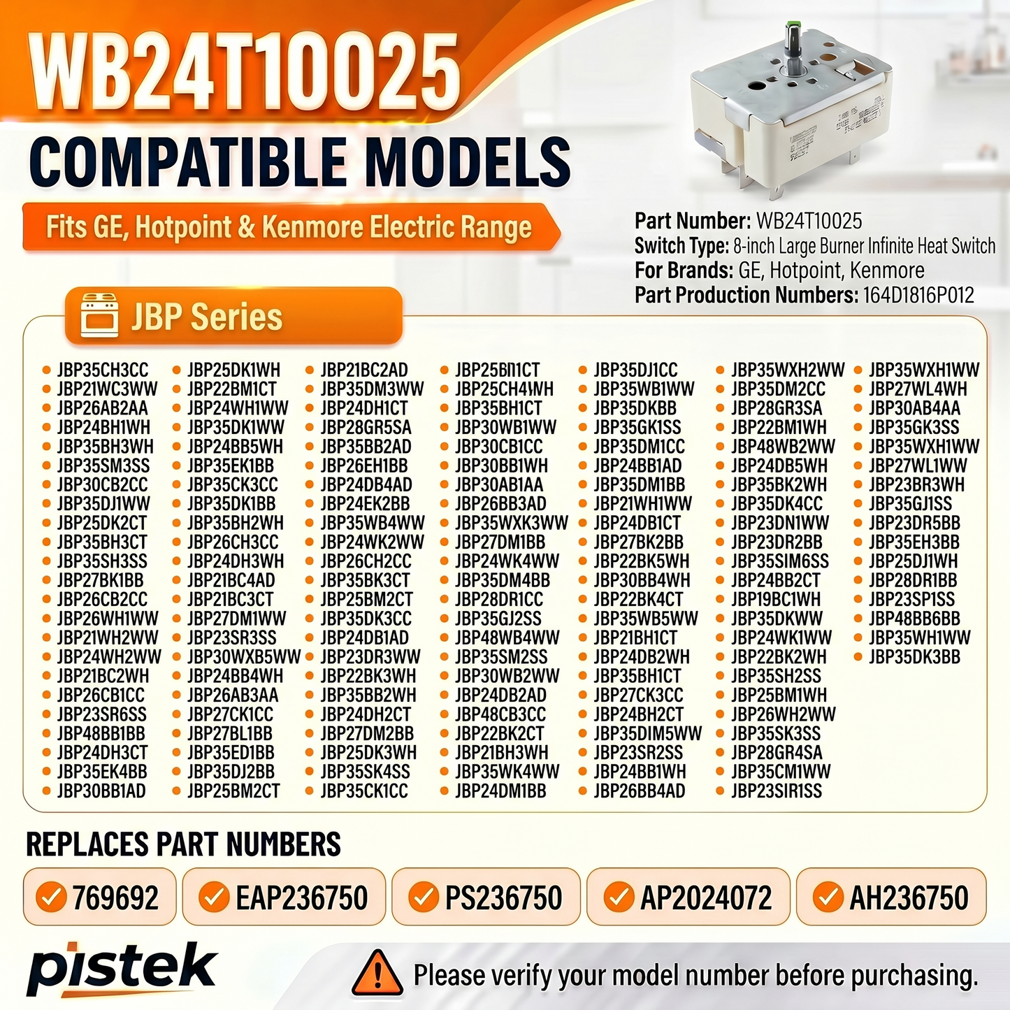 8 Inch Stove Burner Infinite Switch WB24T10025 Replaces PS236750 AH236750 for GE JBP Series including JBP35CH3CC JBP21WC3WW JBP26AB2AA JBP24BH1WH Replace for AP2024072, 769692