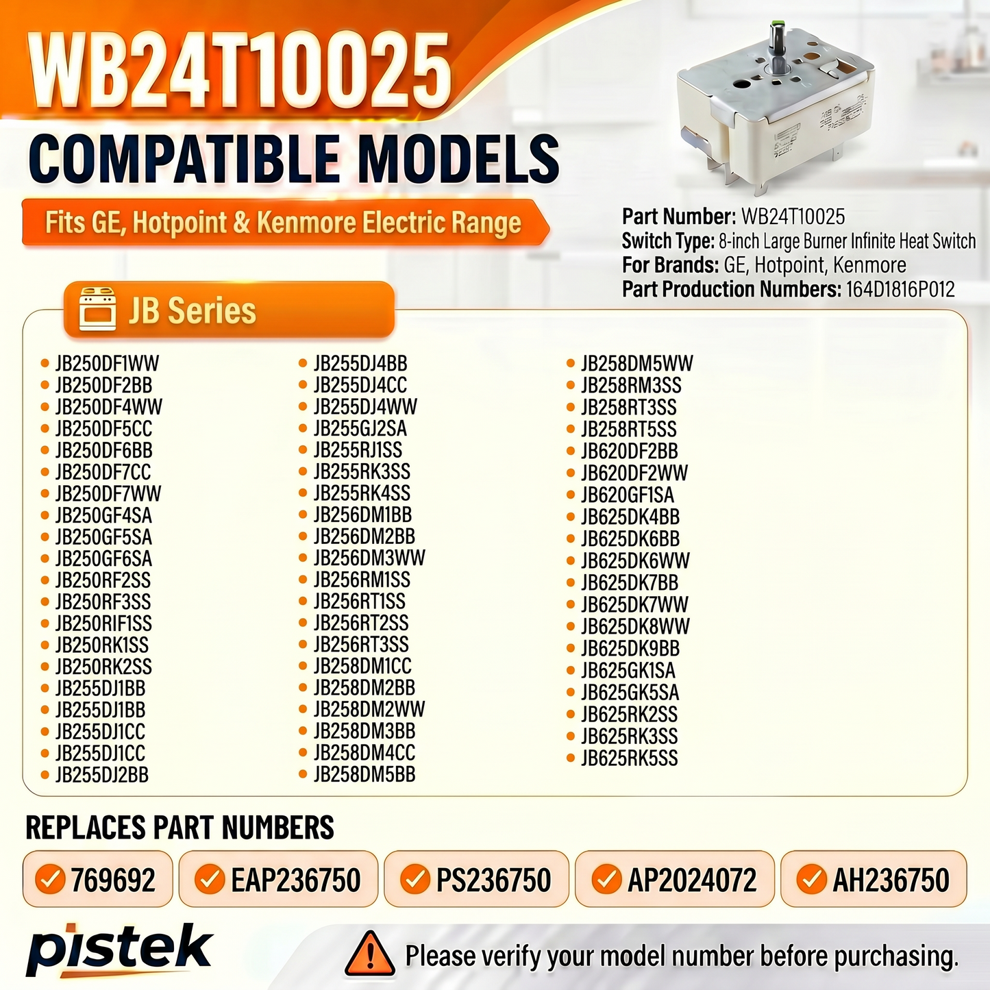 WB24T10025 Surface Burner Range Infinite Control Switch 8 Inch, Replace for AP2024072, 769692, AH236750, EA236750, PS236750,164d1816p012, Compatible with GE JB Series JB250RK2SS JB625DK8WW JB255DJ2BB JB258RT5SS