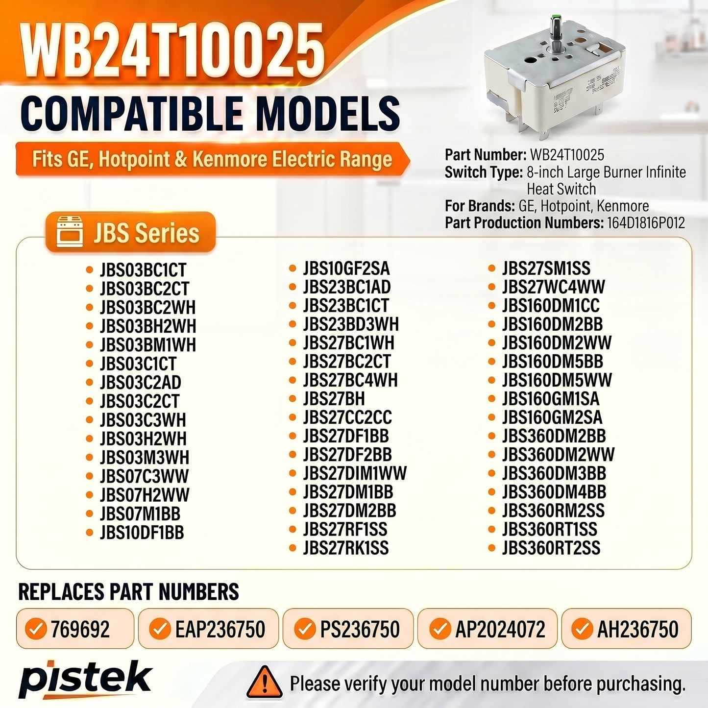 Range Burner Temperature Regulator WB24T10025 for GE JBS Series JBS27DM2BB JBS07H2WW JBS03C3WH JBS07C3WW, Replace for AP2024072, 769692, AH236750, 8 Inch Infinite Burner Switch for Surface Element Heat Adjustment Repair