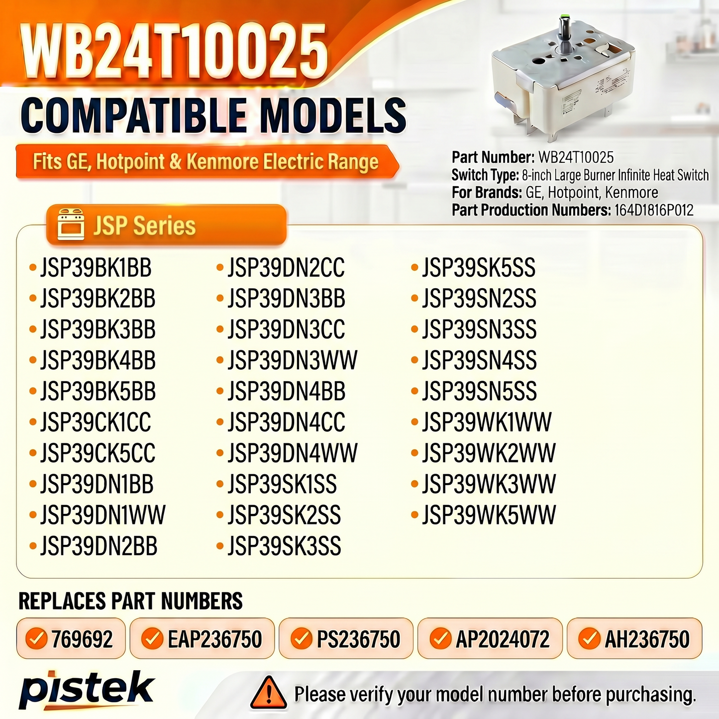 WB24T10025 Surface Burner Infinite Heat Switch for JSP Series, JSP39SN5SS JSP39DN4CC 8 Inch Large Burner Temperature Control Regulator, Replaces AP2024072 PS236750 769692 164D1816P012