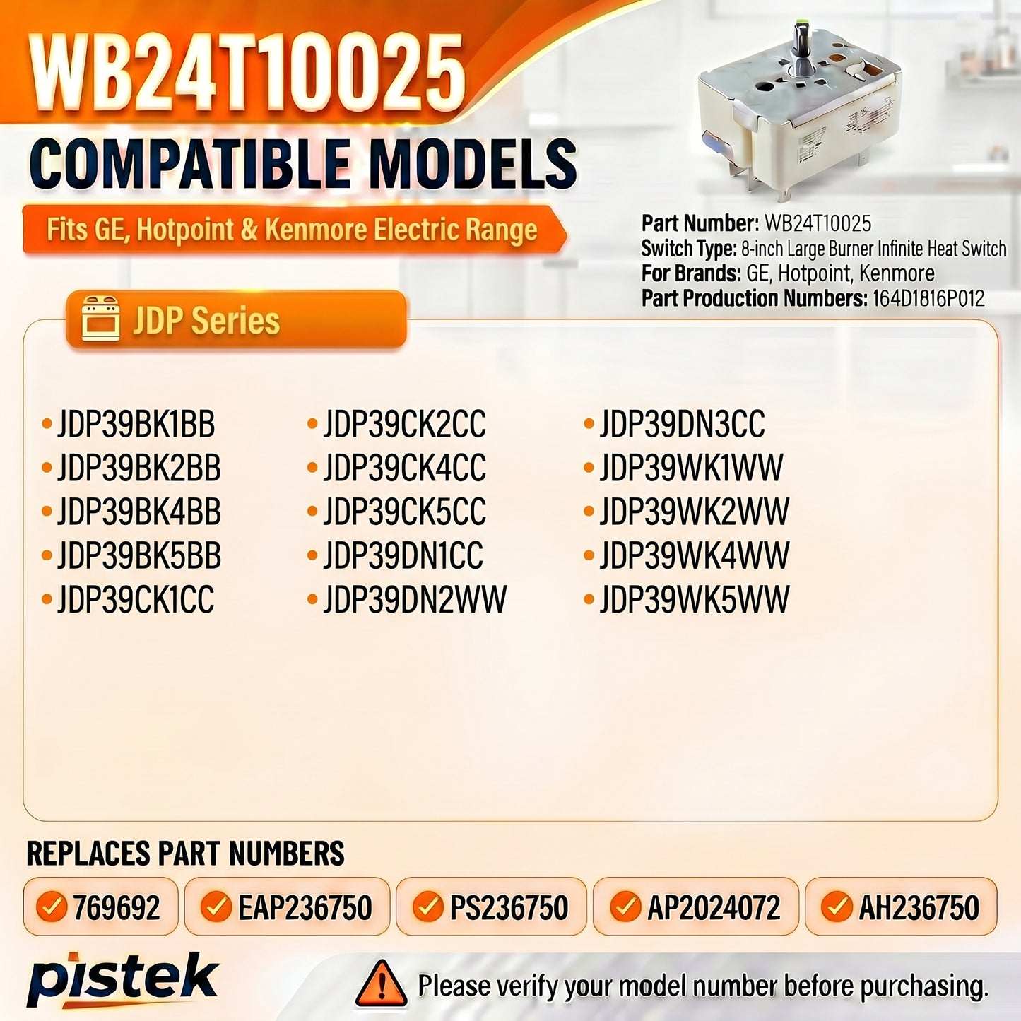 Large Burner Infinite Heat Regulator WB24T10025 for JDP Series Surface Elements, Fix Burner Overheating and Temperature Cycling Problems, 240V 8.9–11A