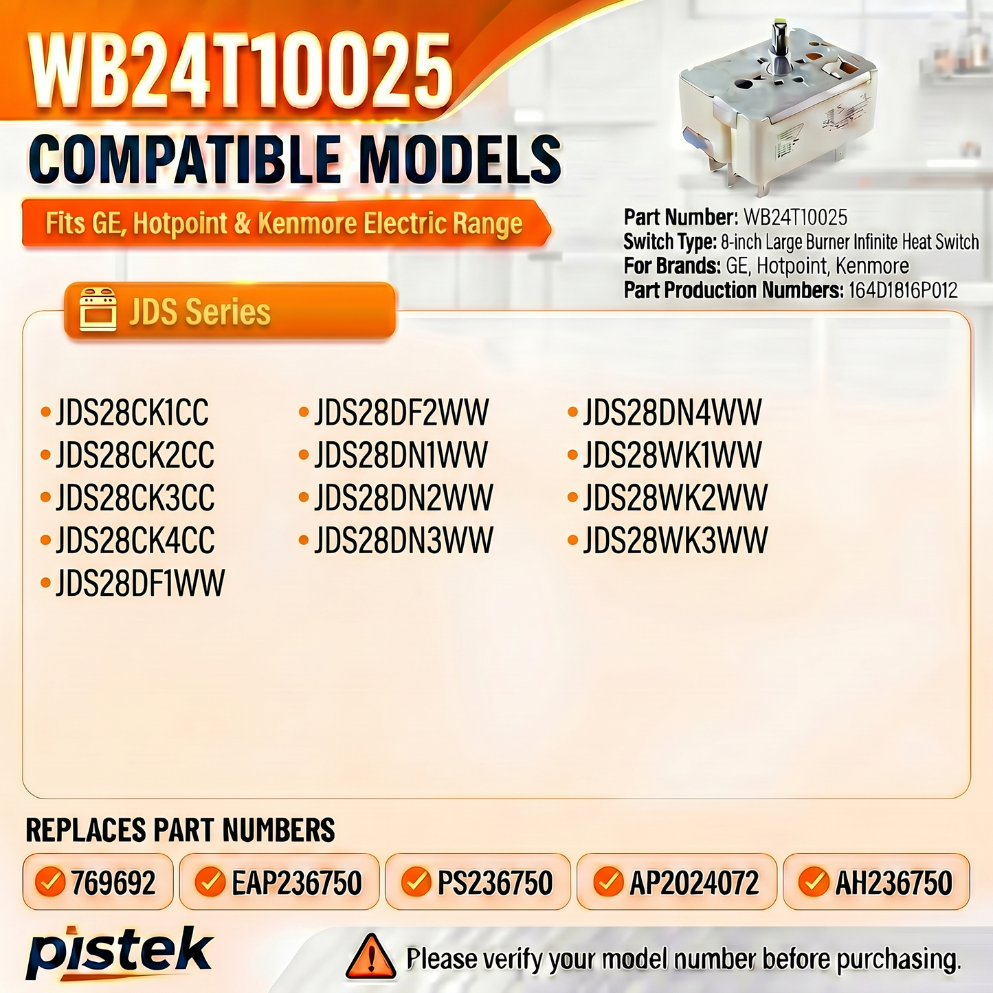 JDS28DN4WW JDS28CK3CC JDS28WK2WW Range Burner Temperature Regulator WB24T10025 for GE Electric Ranges, 8 Inch Infinite Burner Switch for Surface Element Heat Adjustment Repair