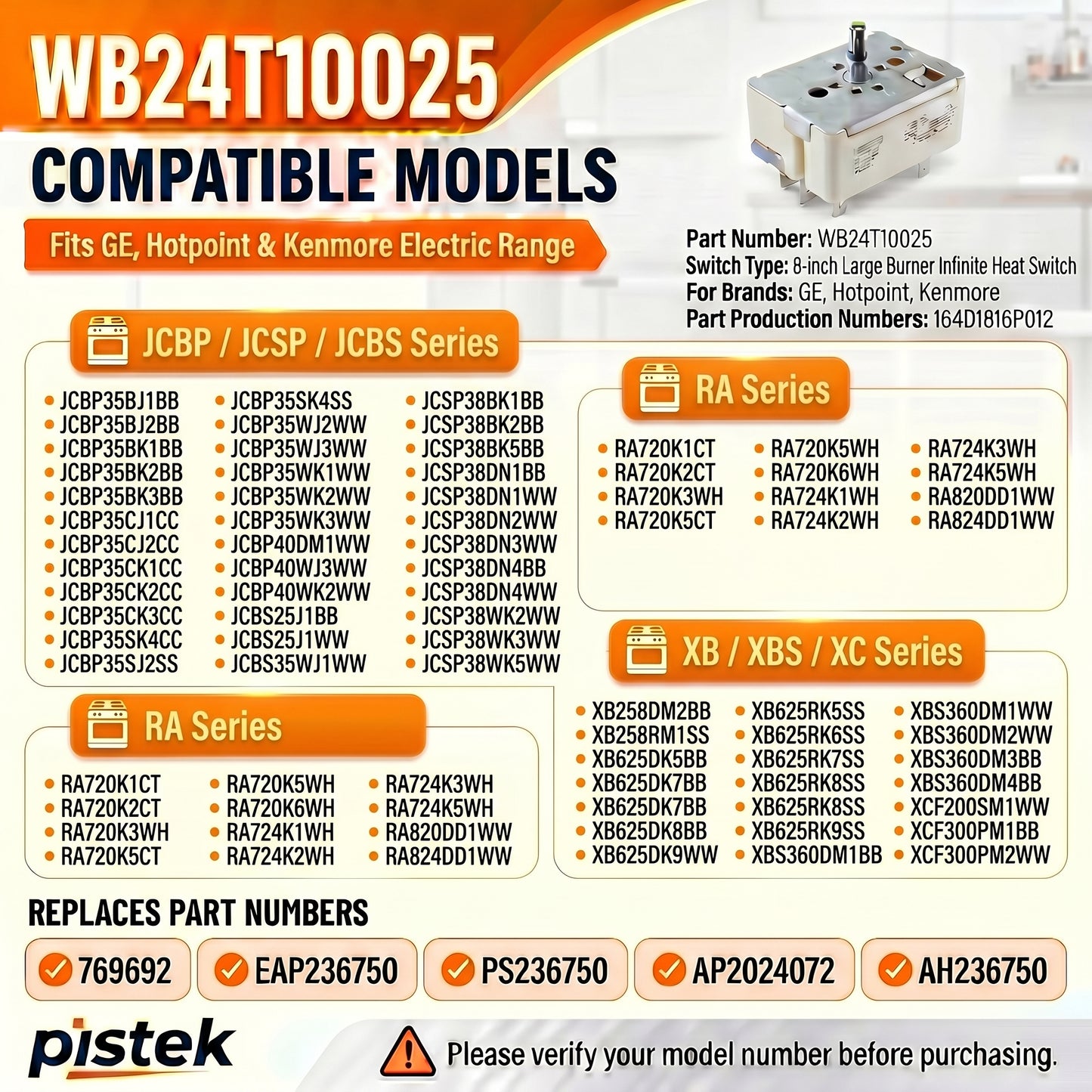 WB24T10025 Large Surface Burner Control Switch for JCBP / JCSP / JCBS / RA / XB /XC Series Electric Stove Repair, Fix Burner Staying Too Hot or Not Adjusting Heat Properly, Replaces 769692 EAP236750