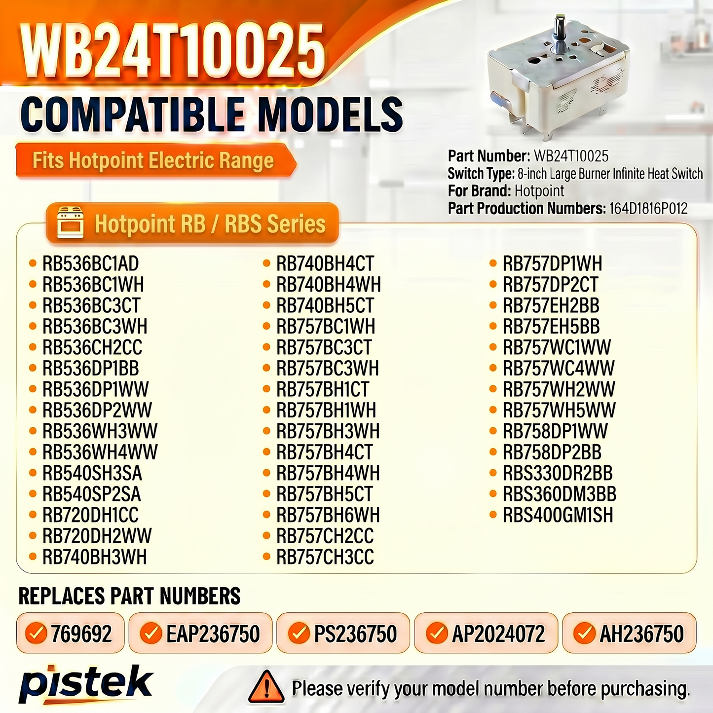 Large 8 Inch Burner Heat Regulator WB24T10025 Compatible with Hotpoint Range Surface Elements 240V 2600W, Replacement for RB757BH4CT RB536BK2BB RB757WC1WW