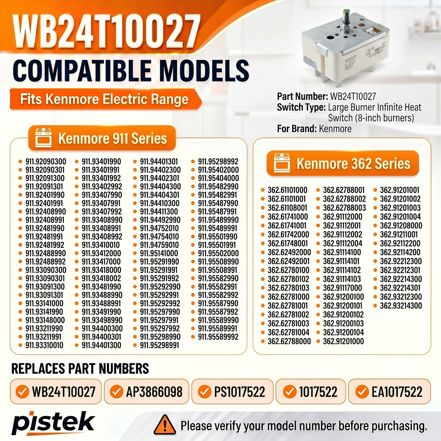 911.92090300 911.92090301 911.92091300 Kenmore Electric Range Burner Control Switch WB24T10027 for 911 362 Series – Stove Surface Heat Regulator for Burner Staying Too Hot AP2024074