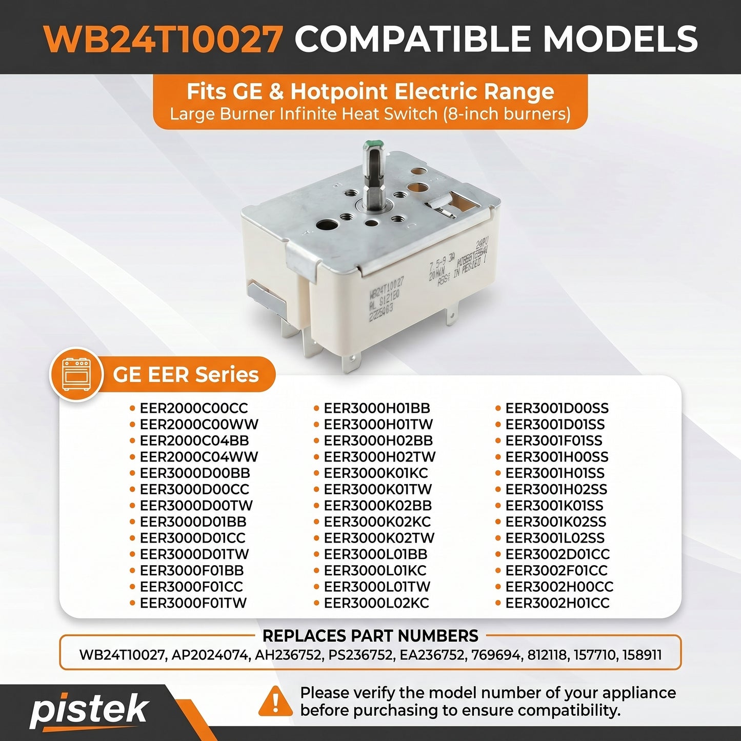 WB24T10027 Infinite Heat Control Switch Replacement for GE EER Series Electric Range – 8 Inch Surface Burner Regulator 240V 2040W Compatible with WB24T10027-2 / AP2024074 / PS236752 / Hotpoint Cooktop Repair Part