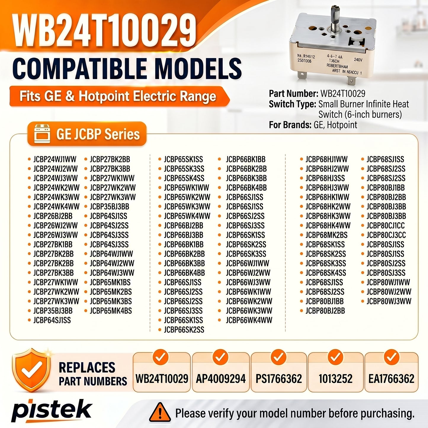 Surface Burner Infinite Heat Switch WB24T10027 for GE Electric Range JCBP Series Models CBP24WJ1WW JCBP24WJ2WW JCBP24WJ3WW JCBP24WK2WW Replaces PS236752 AP2024074