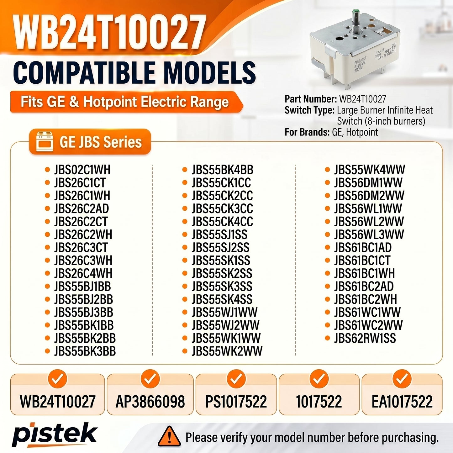 WB24T10027 Burner Temperature Switch for GE JBS Series Electric Range – Fits JBS55SJ1SS JBS55SK4SS JBS56WL2WW JBS61WC1WW Surface Element Regulator AP2024074