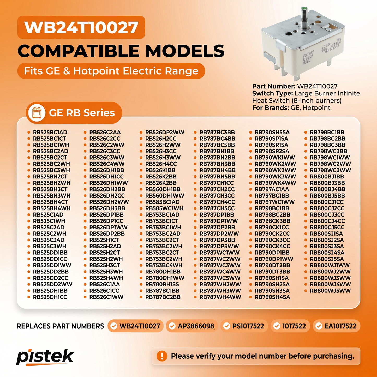 Burner Cycling Control Switch WB24T10027 for GE RB Electric Ranges RB525BC1WH RB526DH2WW RB787DP3WW RB790WK4WW Stove Heat Adjustment Repair